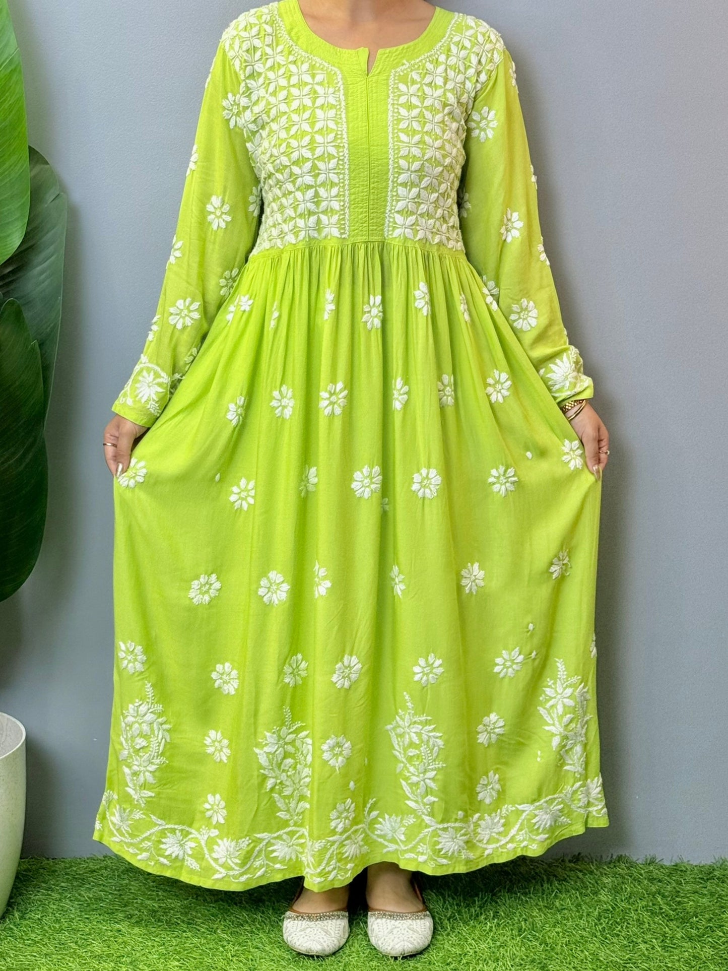 Lime green modal Lucknowi Chikankari long frock with white hand embroidery