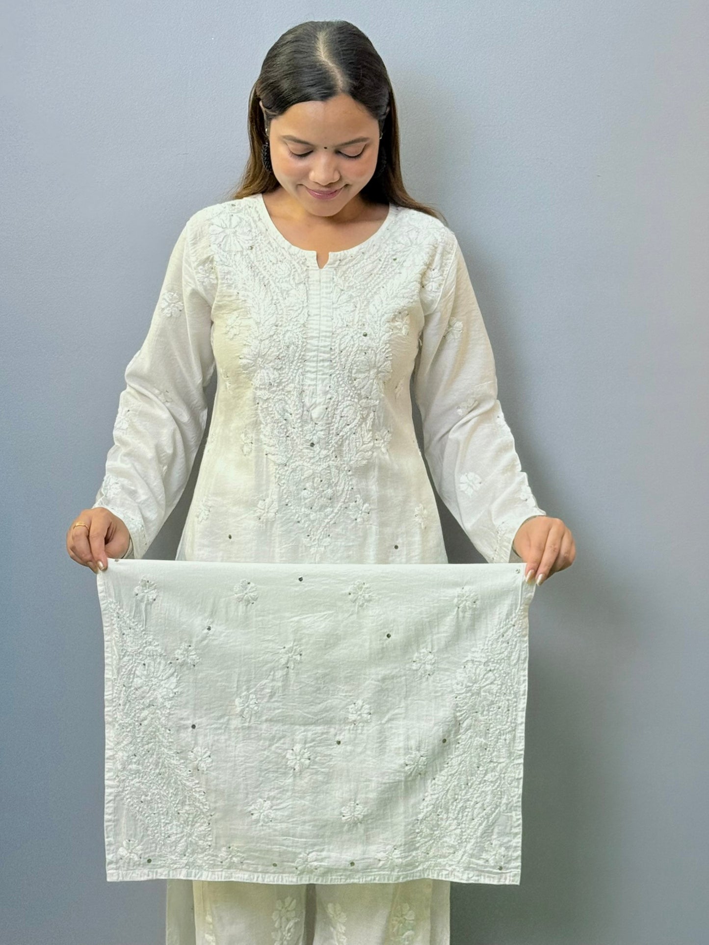 White Chanderi Lucknowi kurta with hand chikankari and mukaish detailing