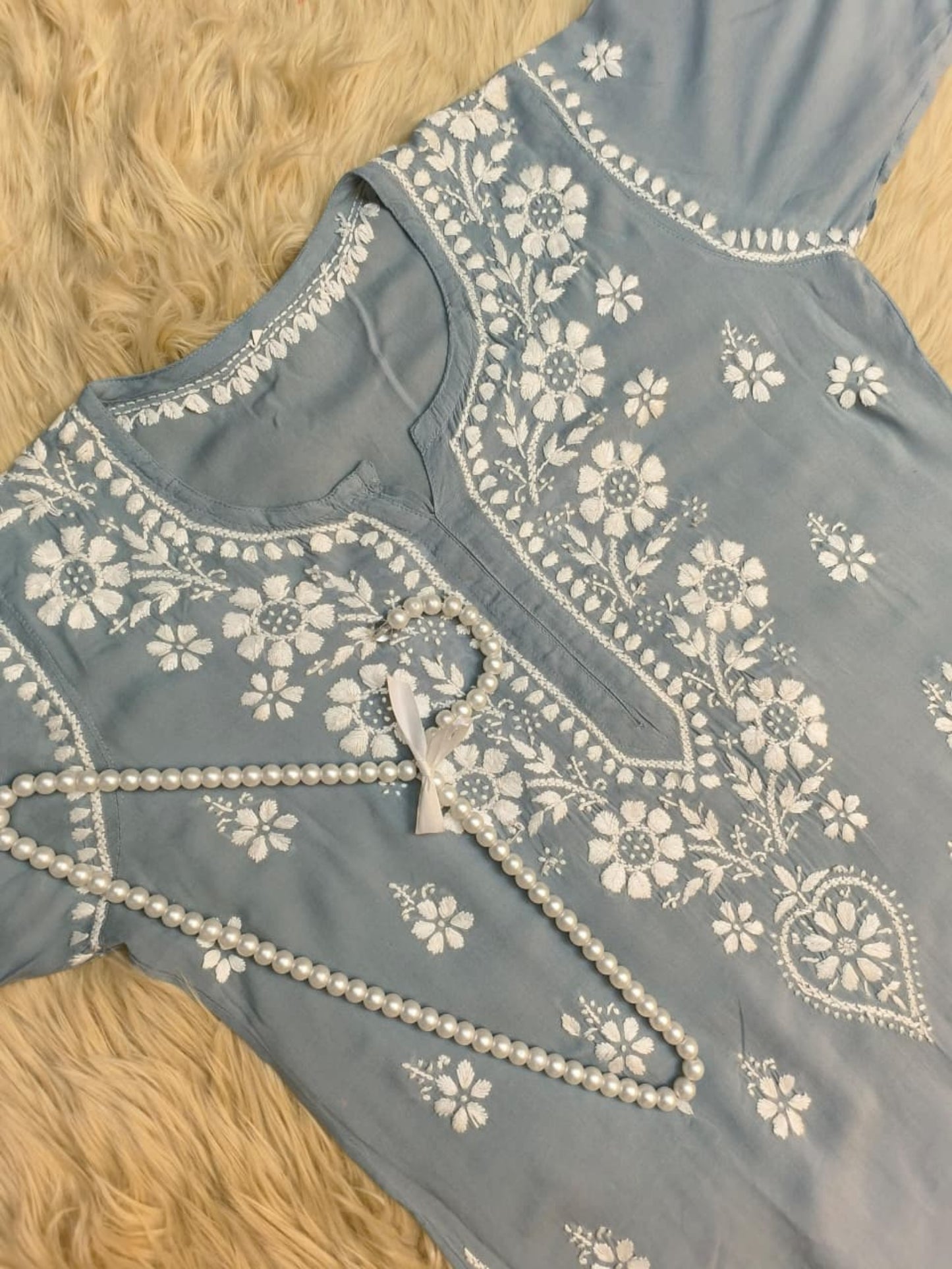 Grey blue modal fabric Lucknow Chikankari kurta with hand embroidery in white thread