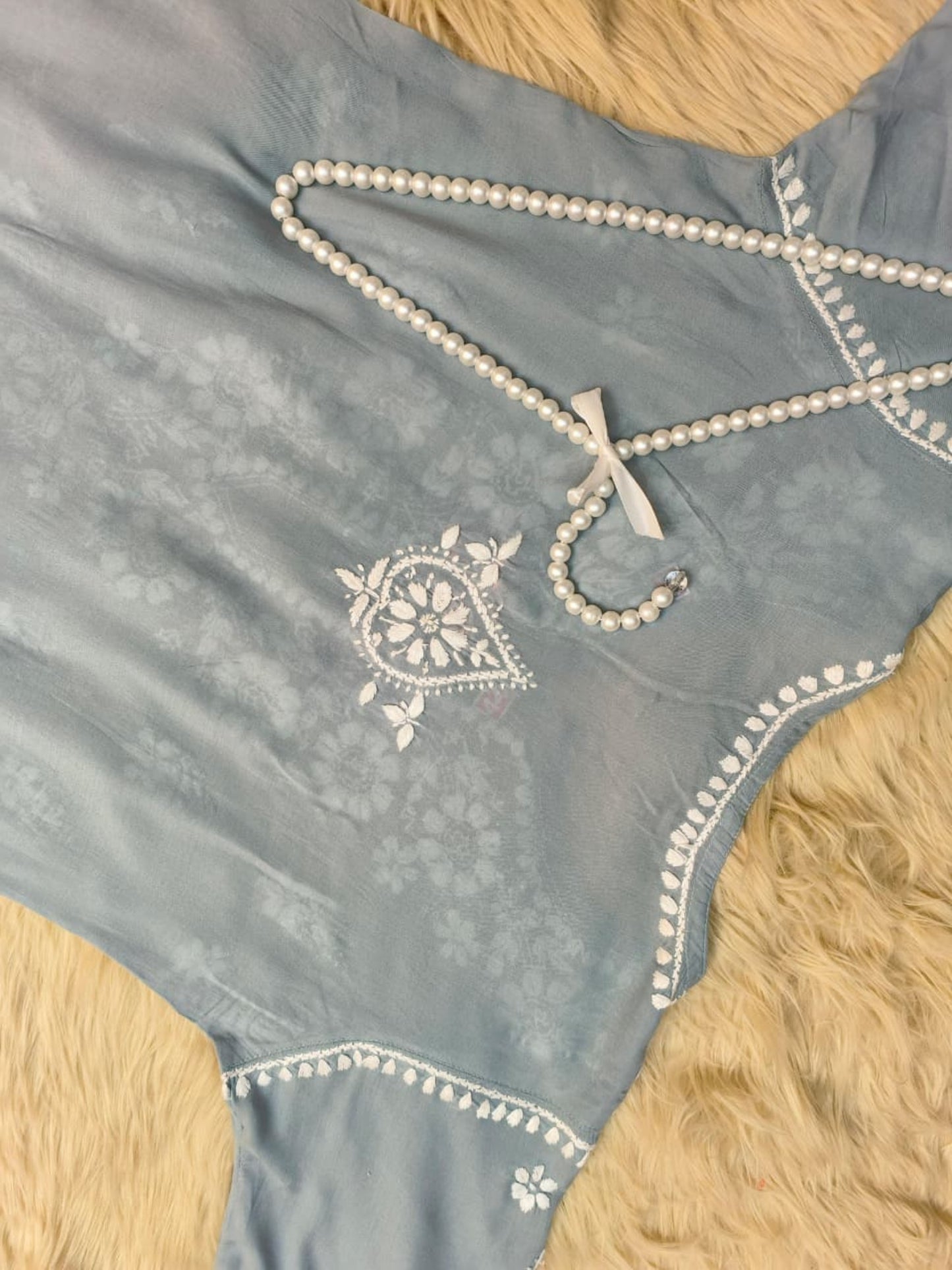 Grey blue modal fabric Lucknow Chikankari kurta with hand embroidery in white thread
