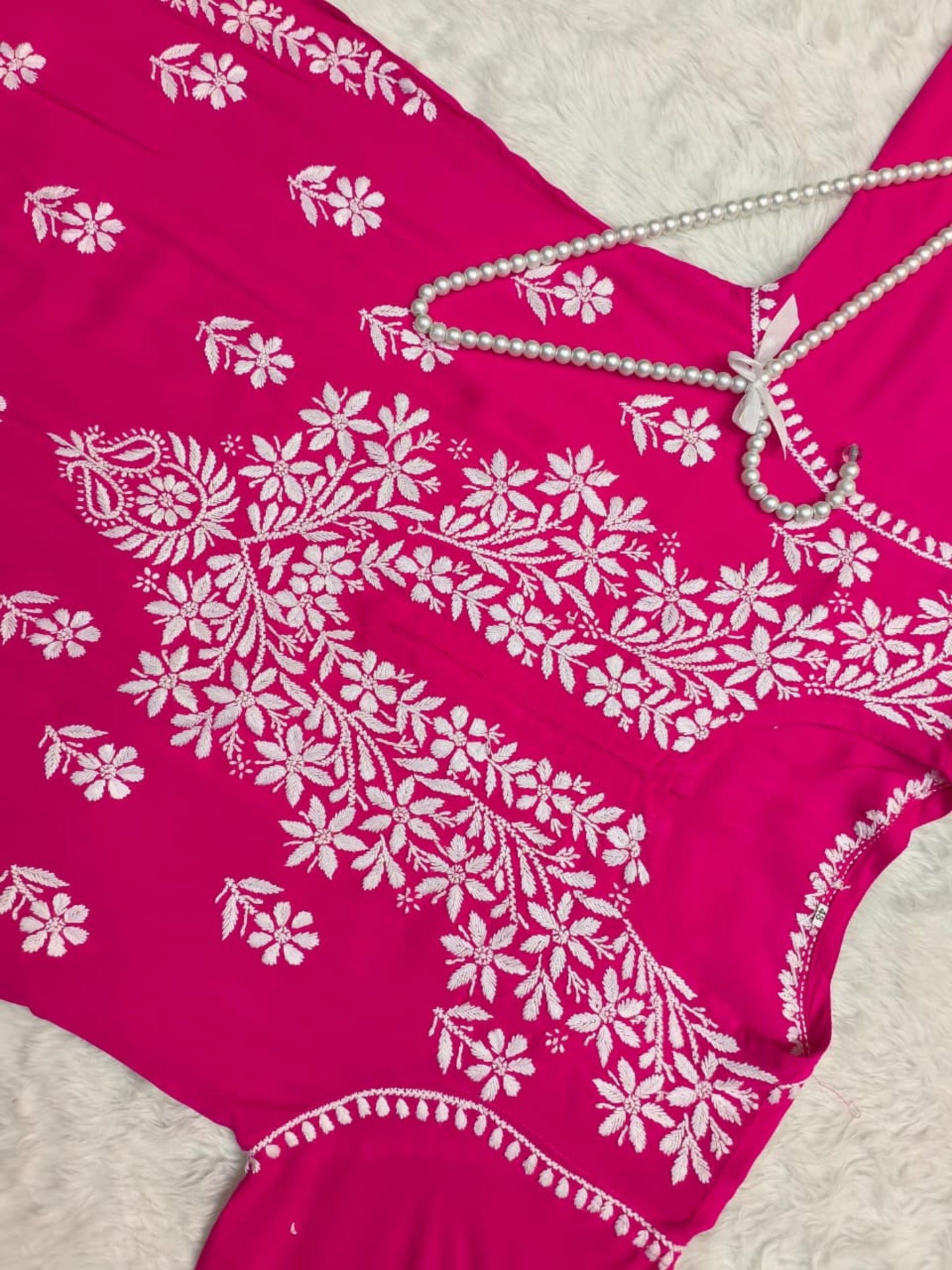 Hot pink modal Lucknowi chikankari kurta with handcrafted embroidery