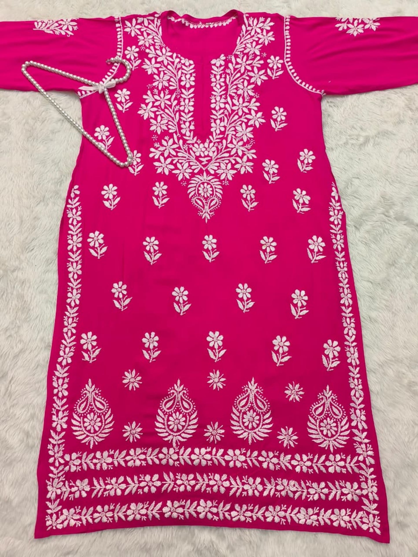 Hot pink modal Lucknowi chikankari kurta with handcrafted embroidery