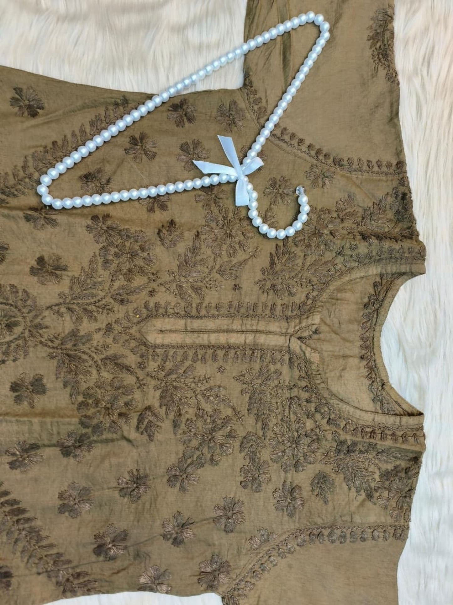 Mehndi Green Chanderi Lucknow Chikankari kurta with hand embroidery, premium and elegant.