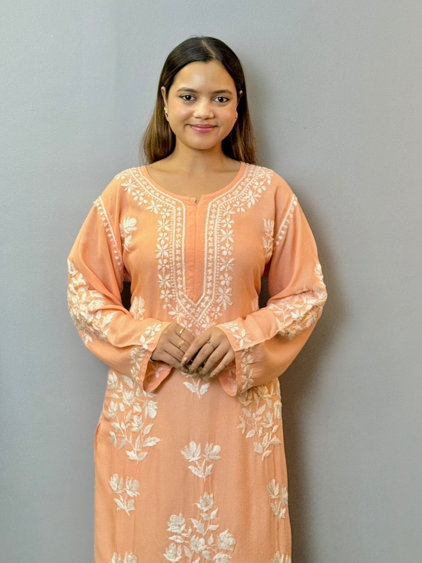 Peach modal chikankari kurta with white hand embroidery, premium quality