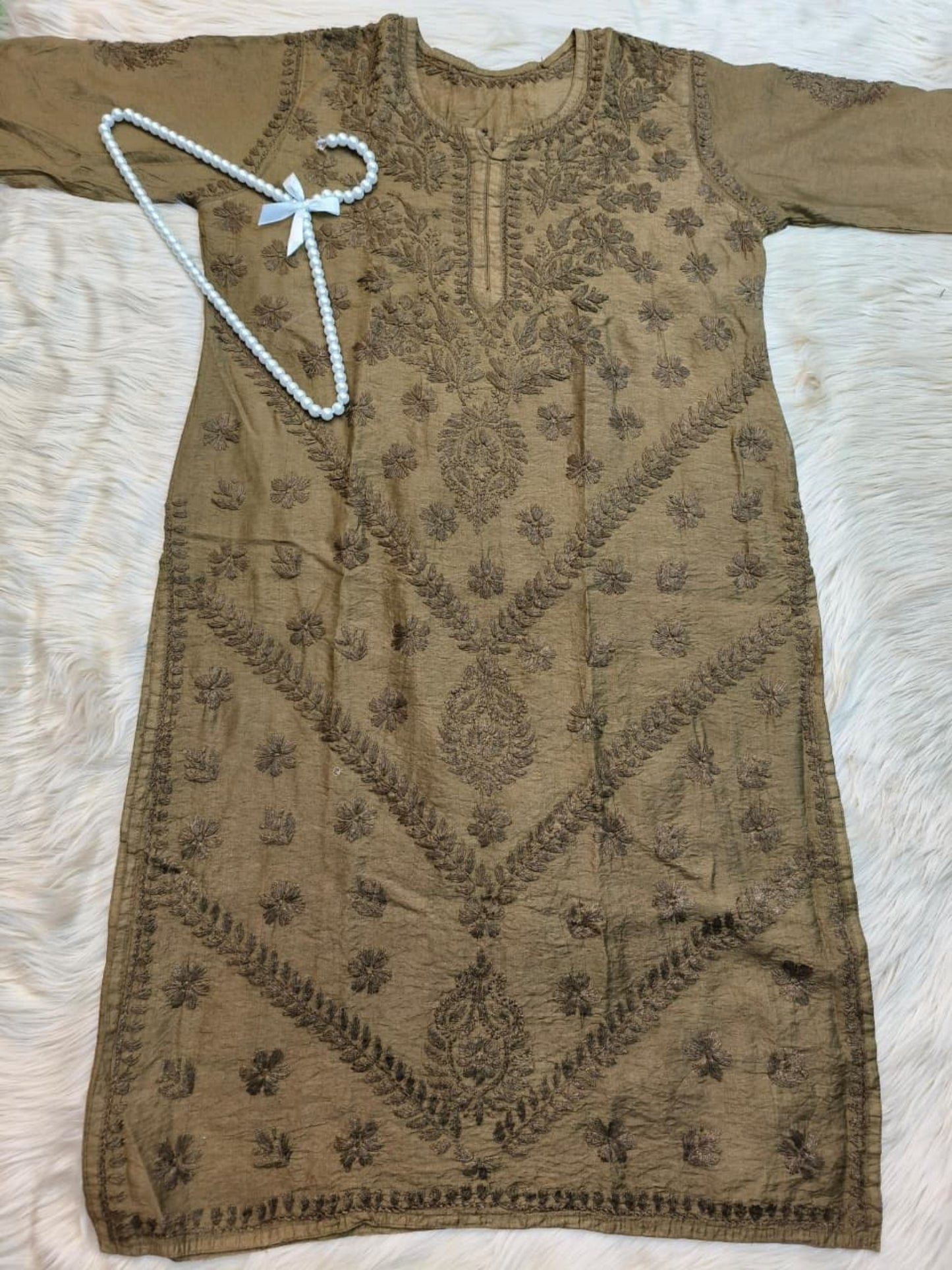 Mehndi Green Chanderi Lucknow Chikankari kurta with hand embroidery, premium and elegant.