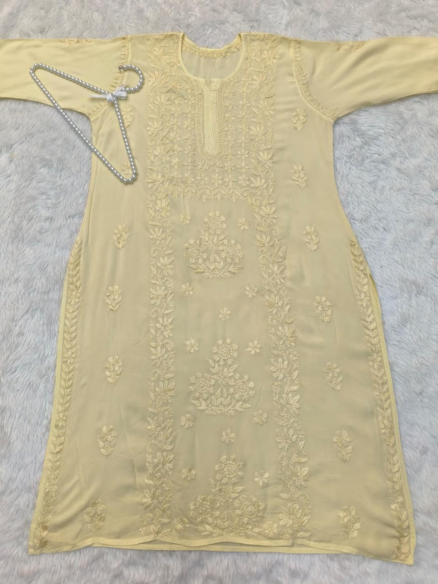 Golden Yellow Modal Lucknow Chikankari Hand Embroidered Kurta – Premium Quality