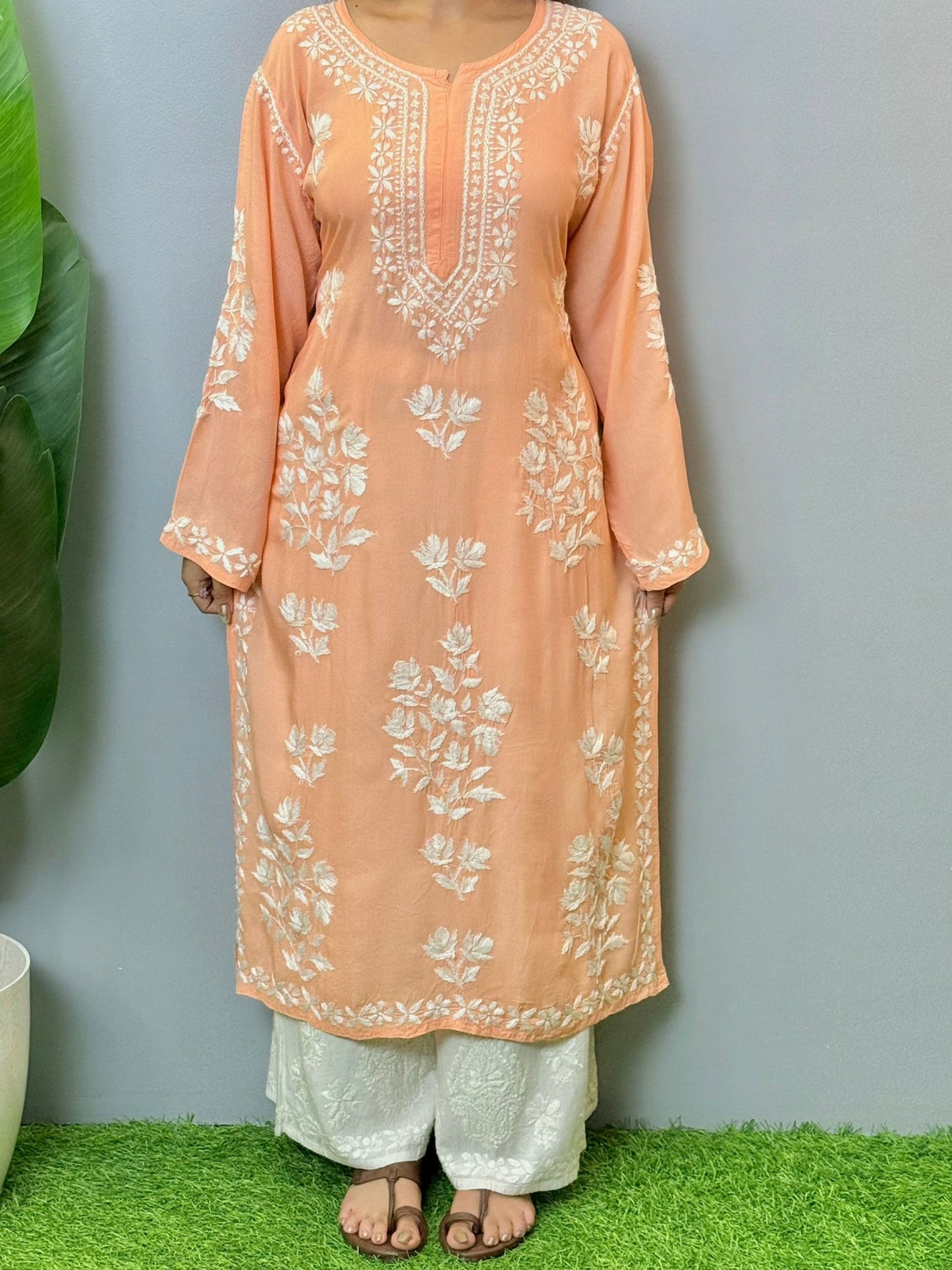 Peach modal chikankari kurta with white hand embroidery, premium quality