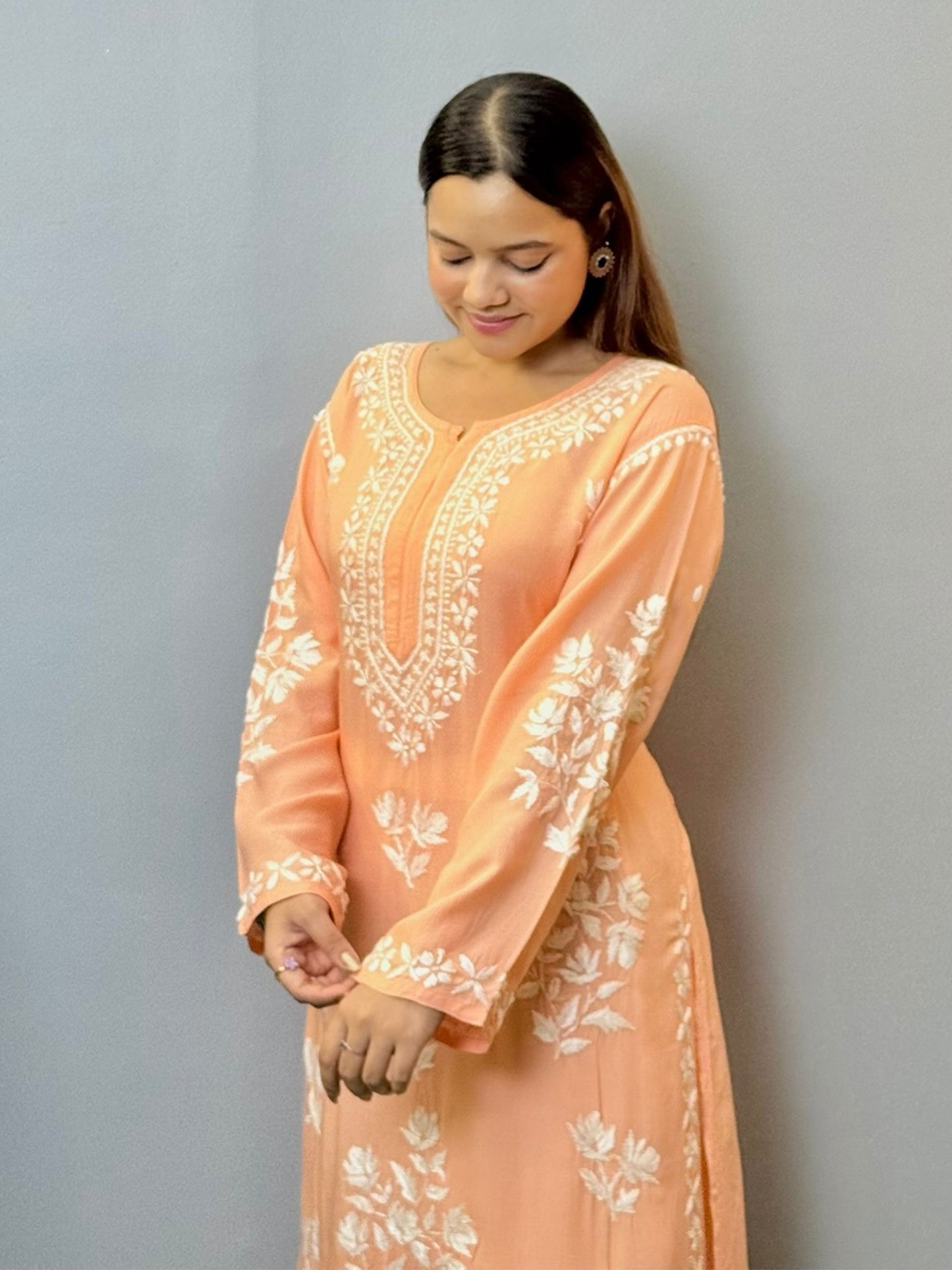 Peach modal chikankari kurta with white hand embroidery, premium quality