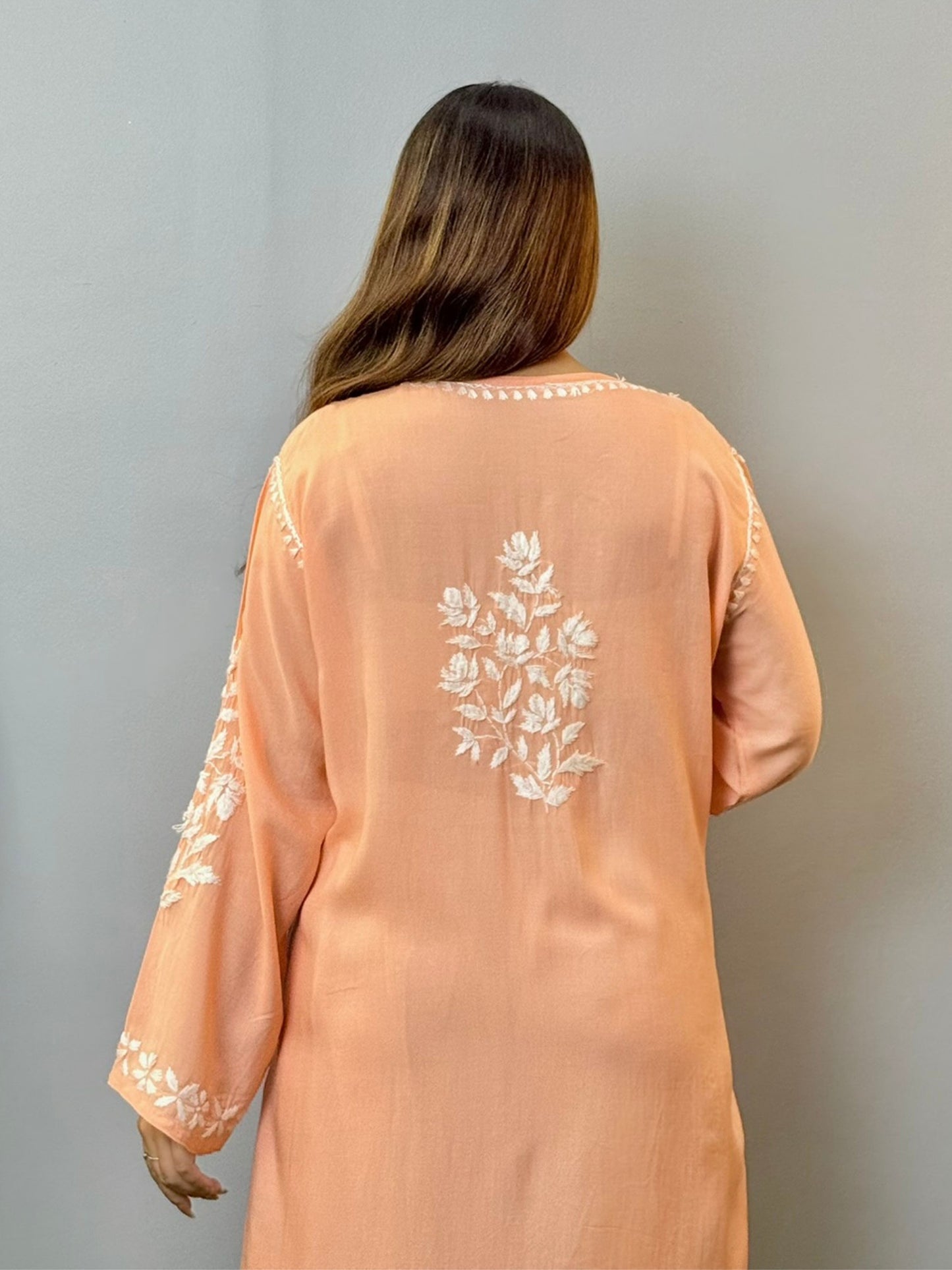 Peach modal chikankari kurta with white hand embroidery, premium quality