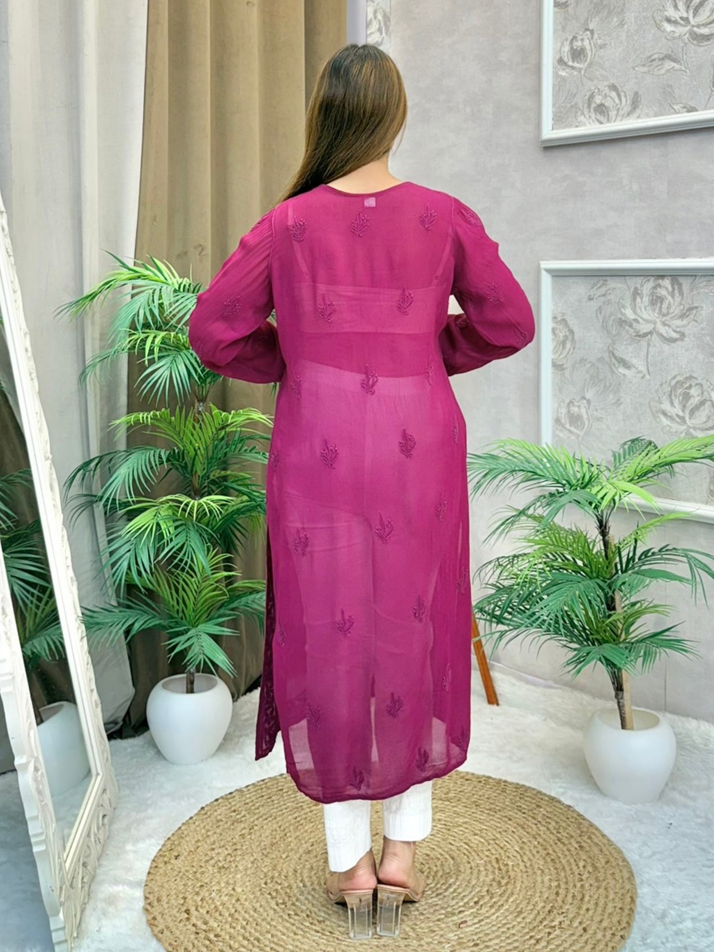 Wine maroon Lucknow Chikankari kurta in viscose fabric with detailed hand embroidery