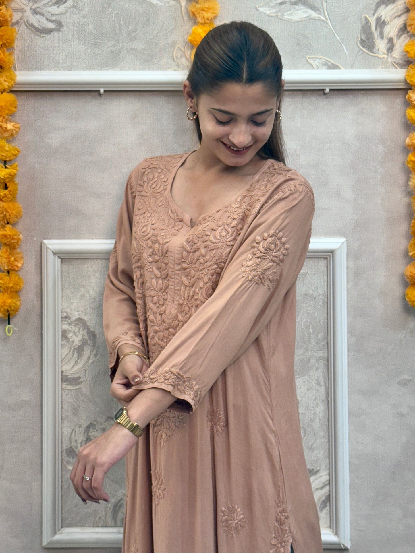 Beige rayon chikankari kurta with hand embroidery, premium quality