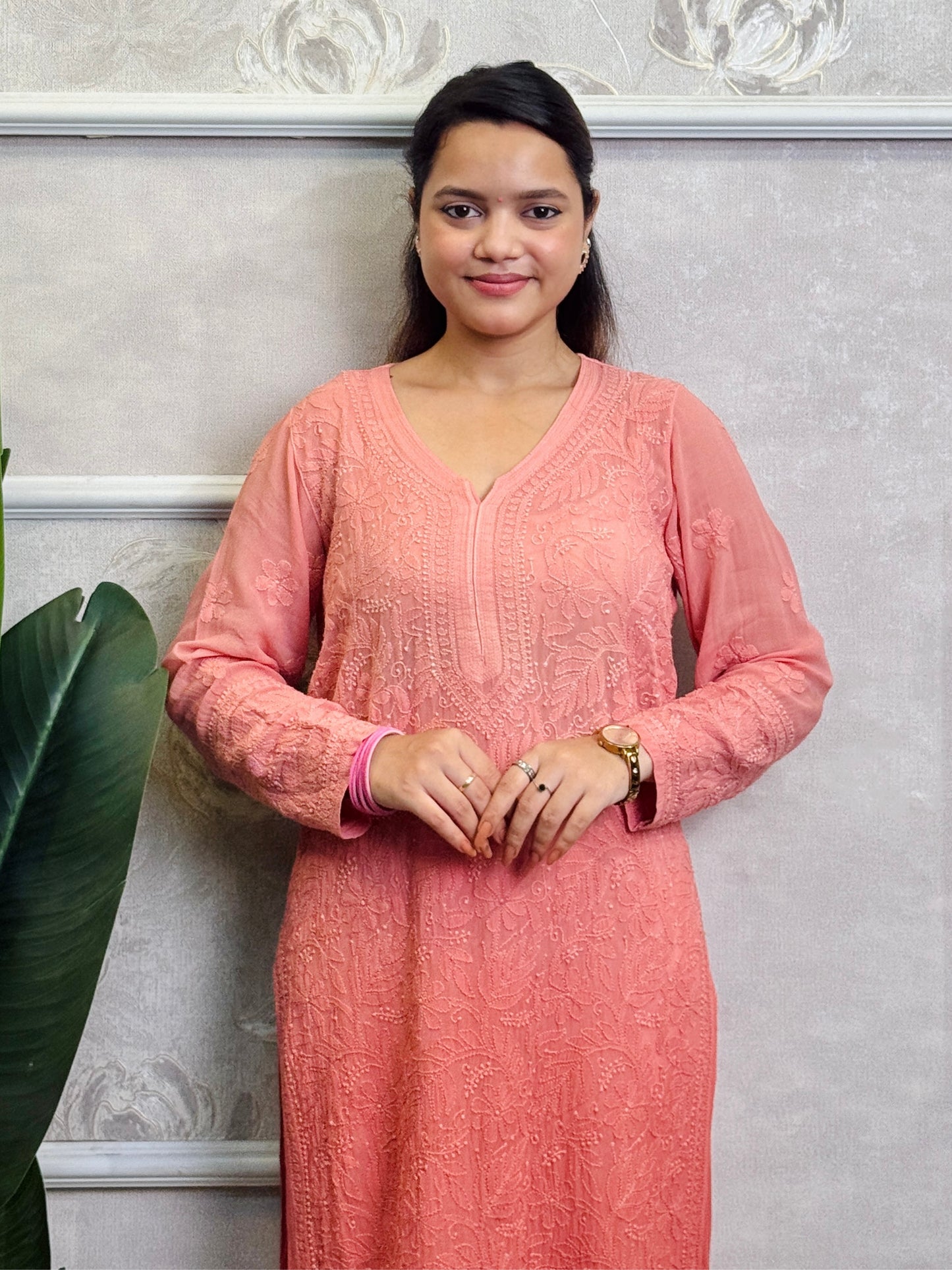 Translucent viscose Lucknow Chikankari kurta with hand embroidery.
