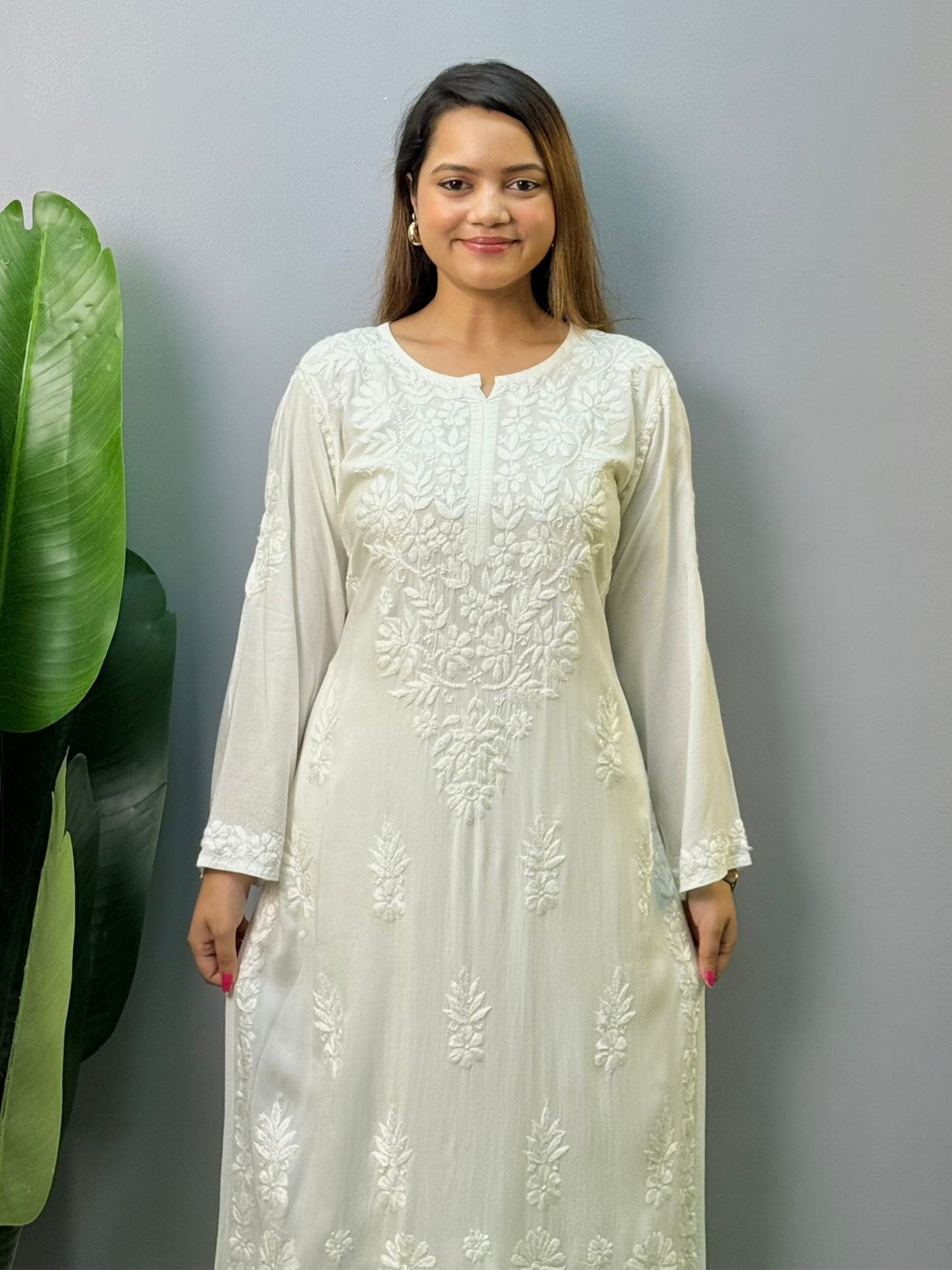 White dyable modal Chikankari kurta with tone-on-tone hand embroidery – soft and customizable ethnic wear for women