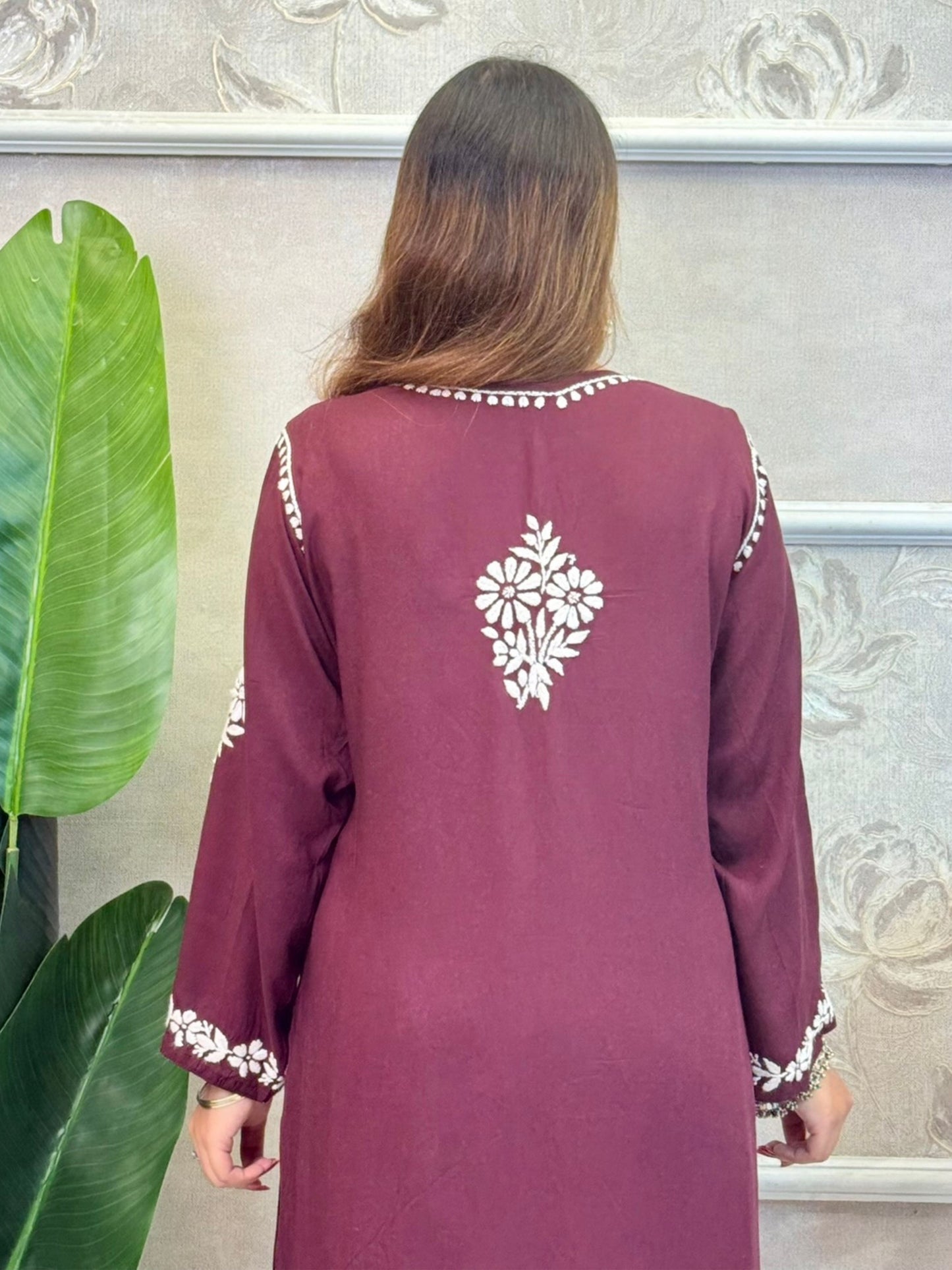 Wine modal chikankari kurta and palazzo set with white hand embroidery – soft and comfortable