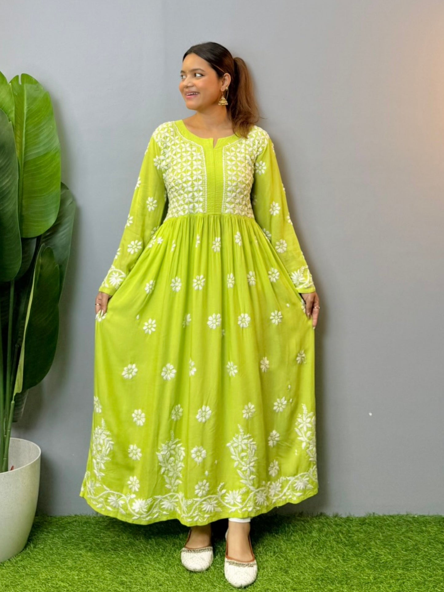 Lime green modal Lucknowi Chikankari long frock with white hand embroidery