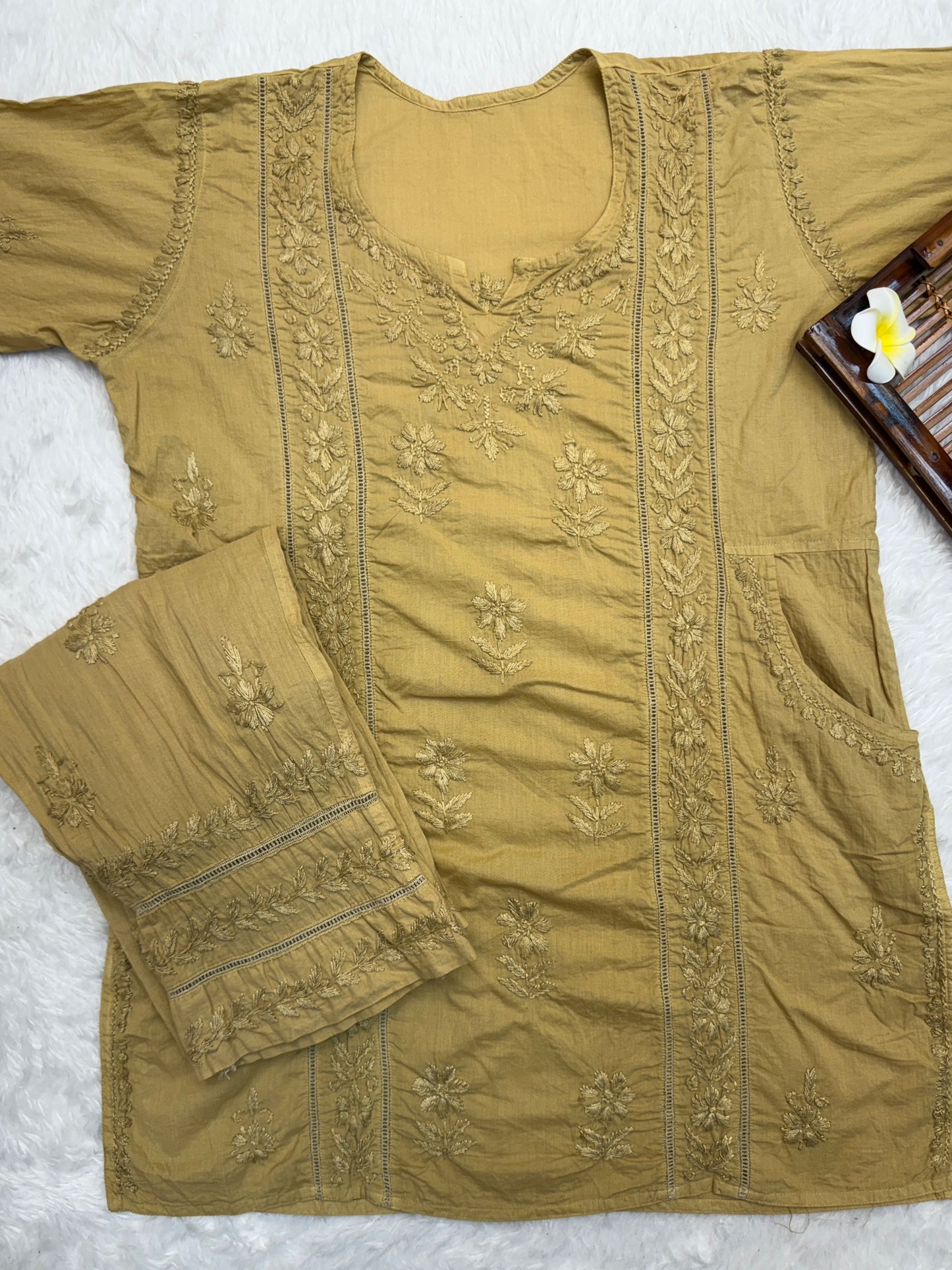 Lucknow Chikankari Mustard Cotton Pocket Style Short Kurta with Pant