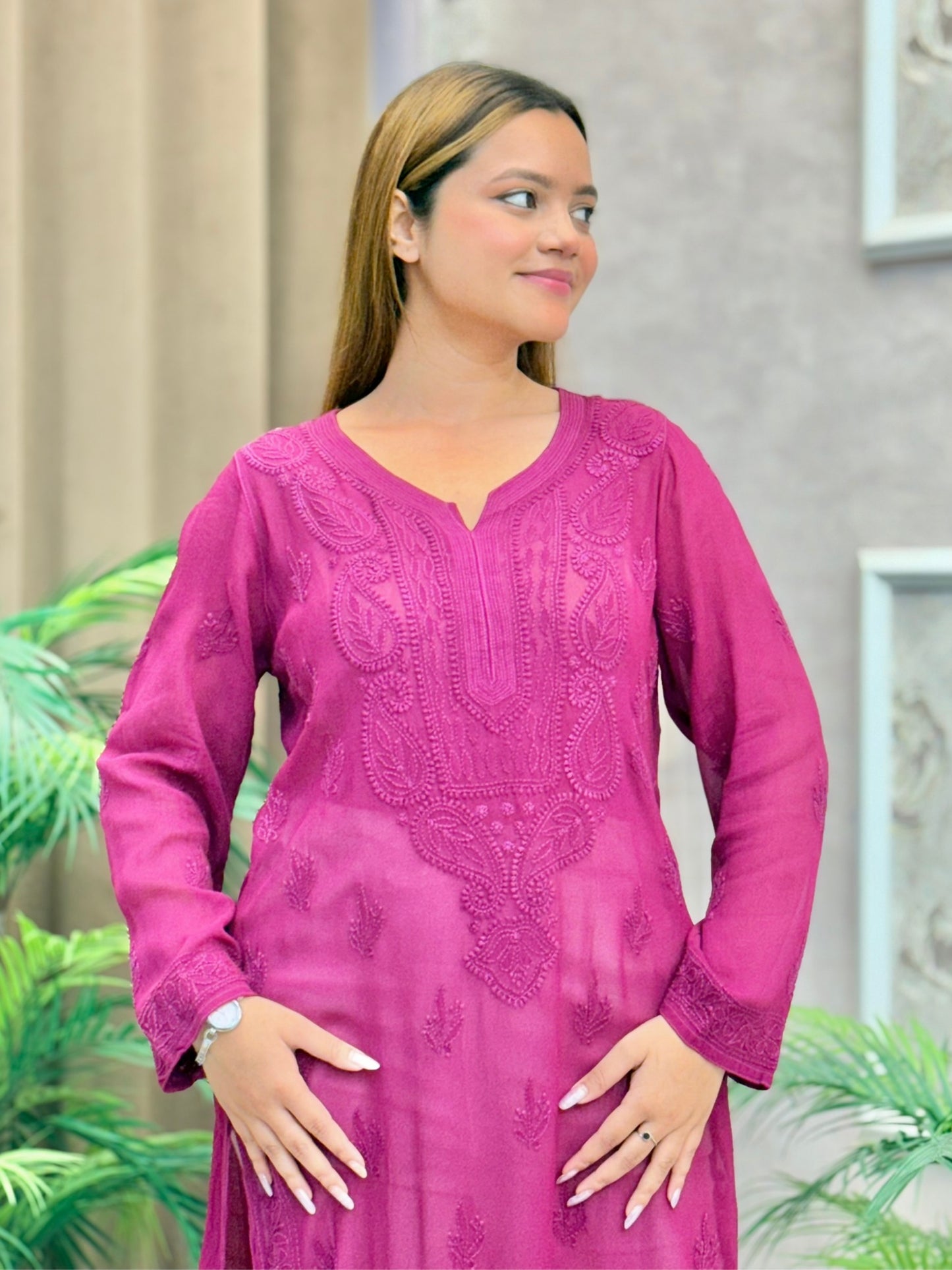Wine maroon Lucknow Chikankari kurta in viscose fabric with detailed hand embroidery