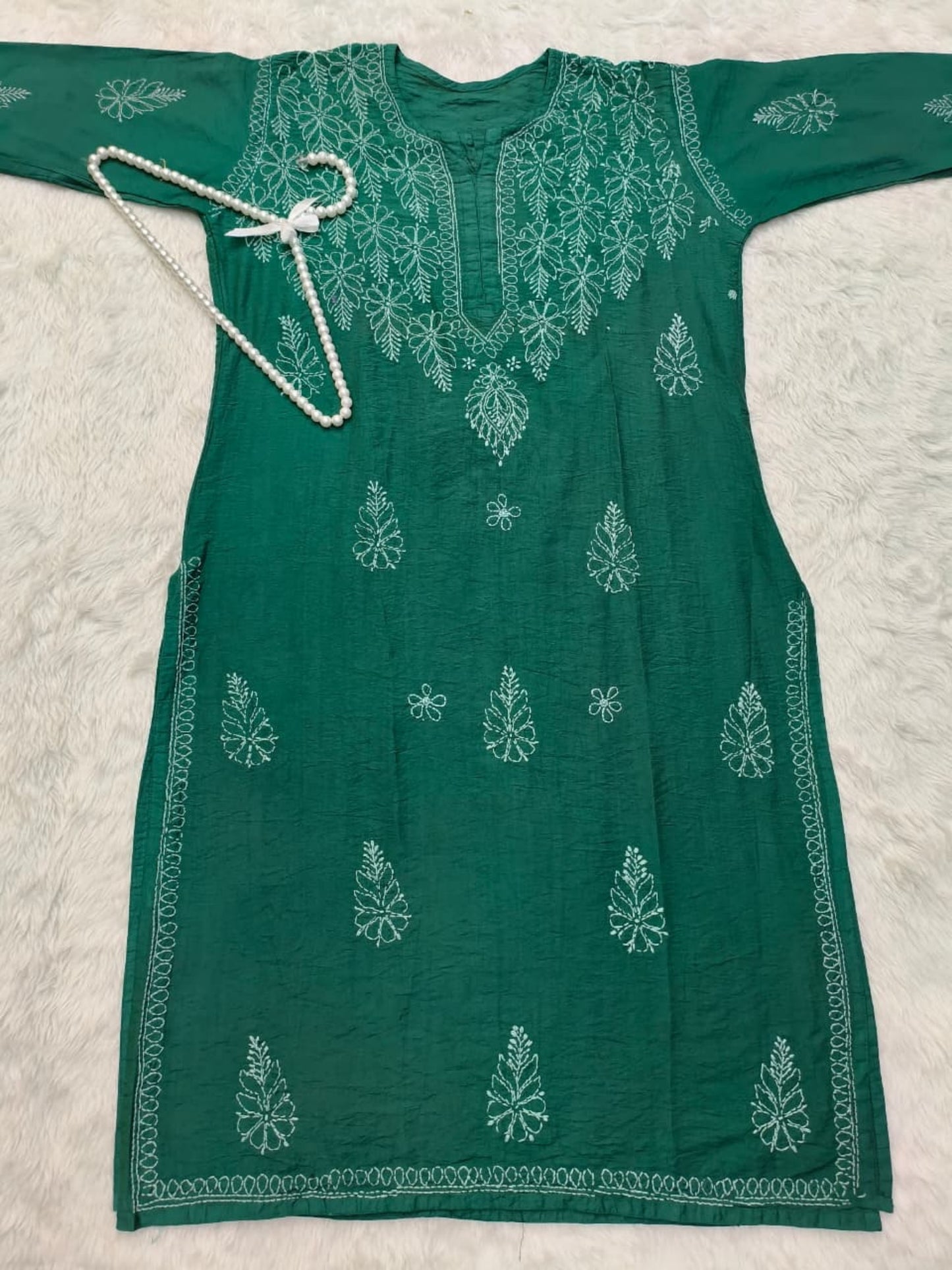 Green Chanderi Lucknow Chikankari Kurta with hand embroidery and bakhiya work