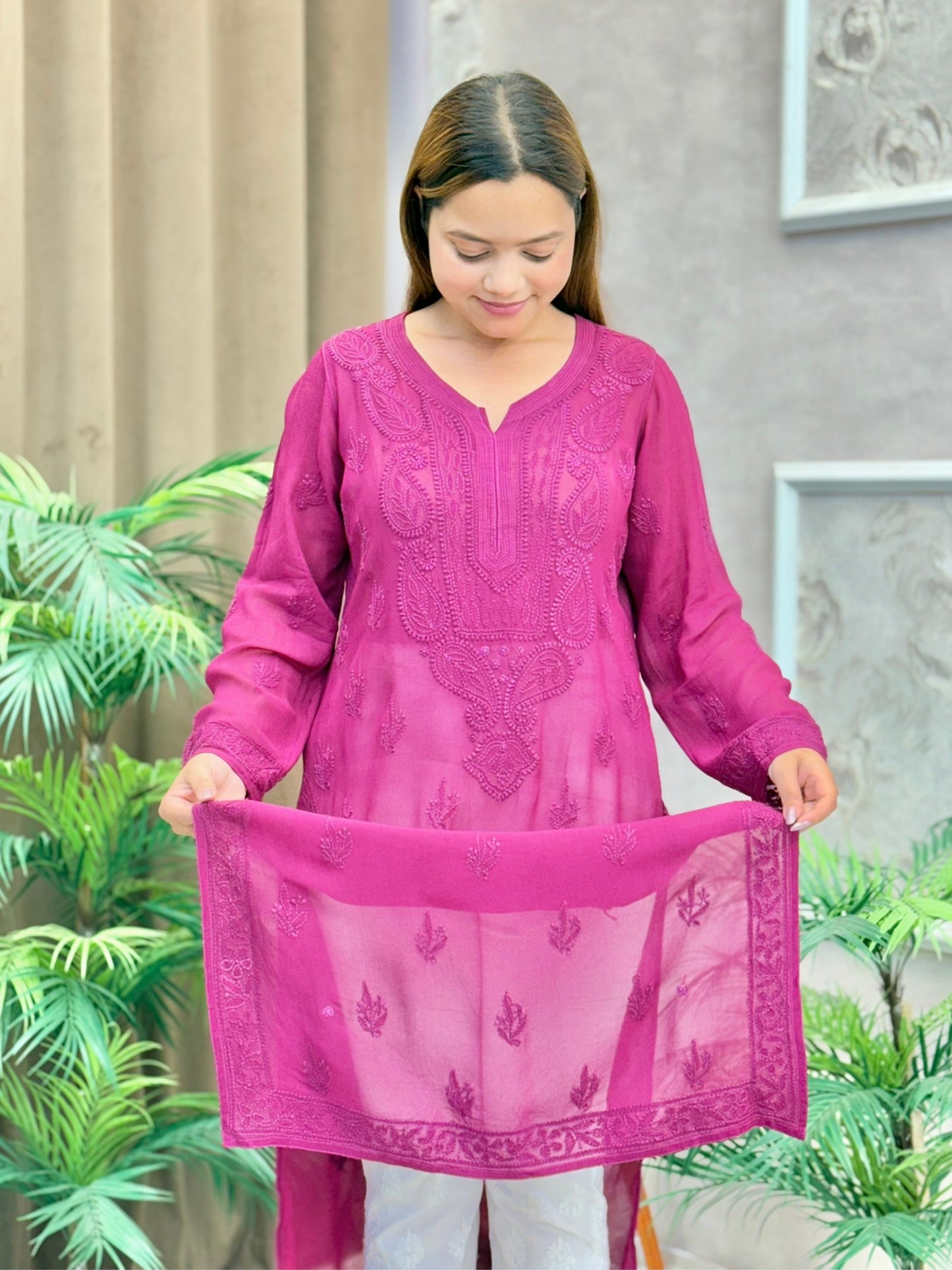 Wine maroon Lucknow Chikankari kurta in viscose fabric with detailed hand embroidery