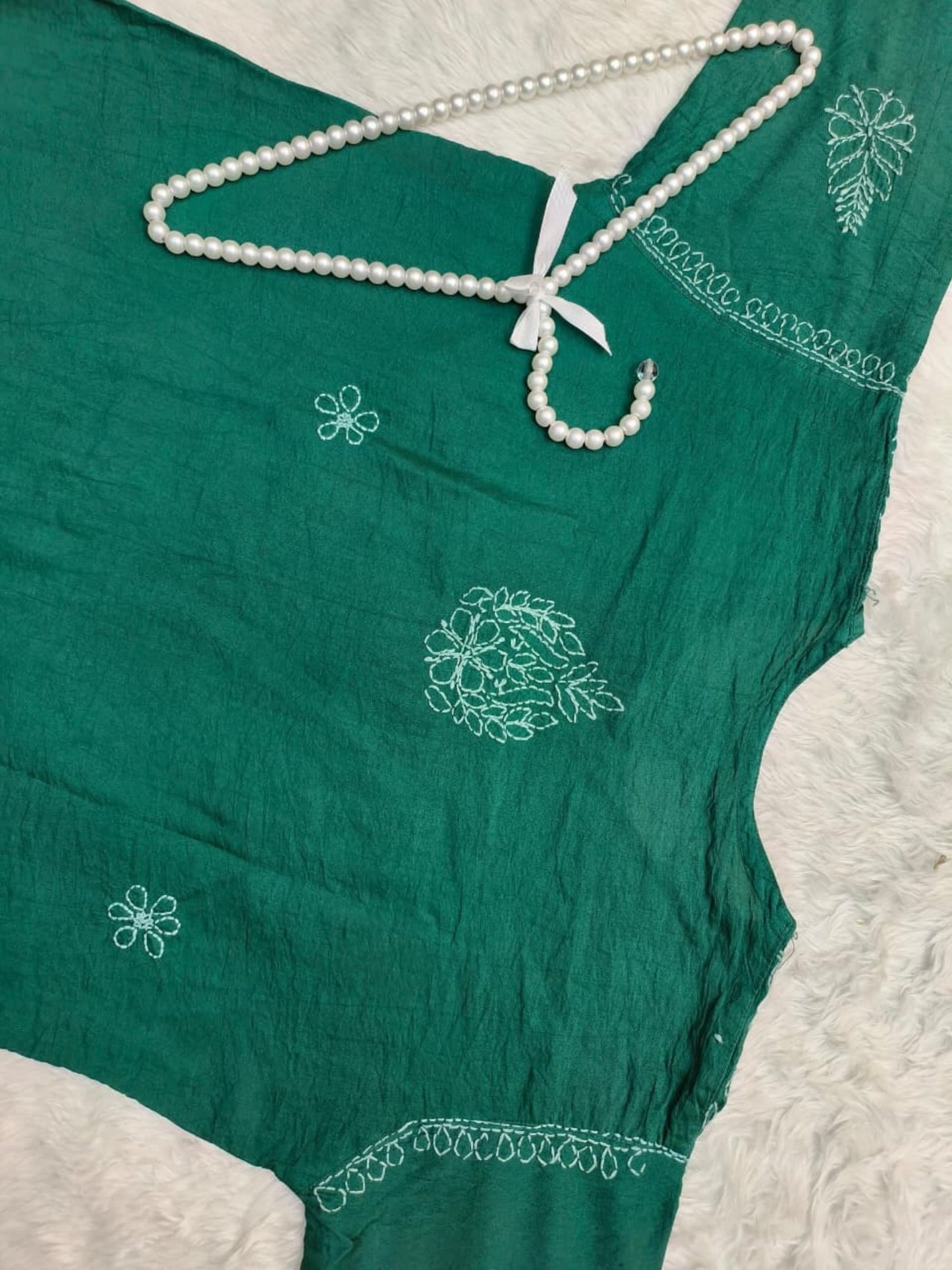 Green Chanderi Lucknow Chikankari Kurta with hand embroidery and bakhiya work