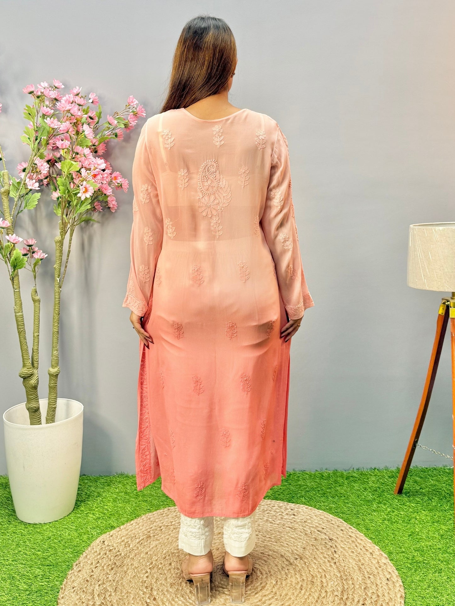 Peach viscose Lucknow Chikankari kurta with delicate hand embroidery, soft and premium fabric.