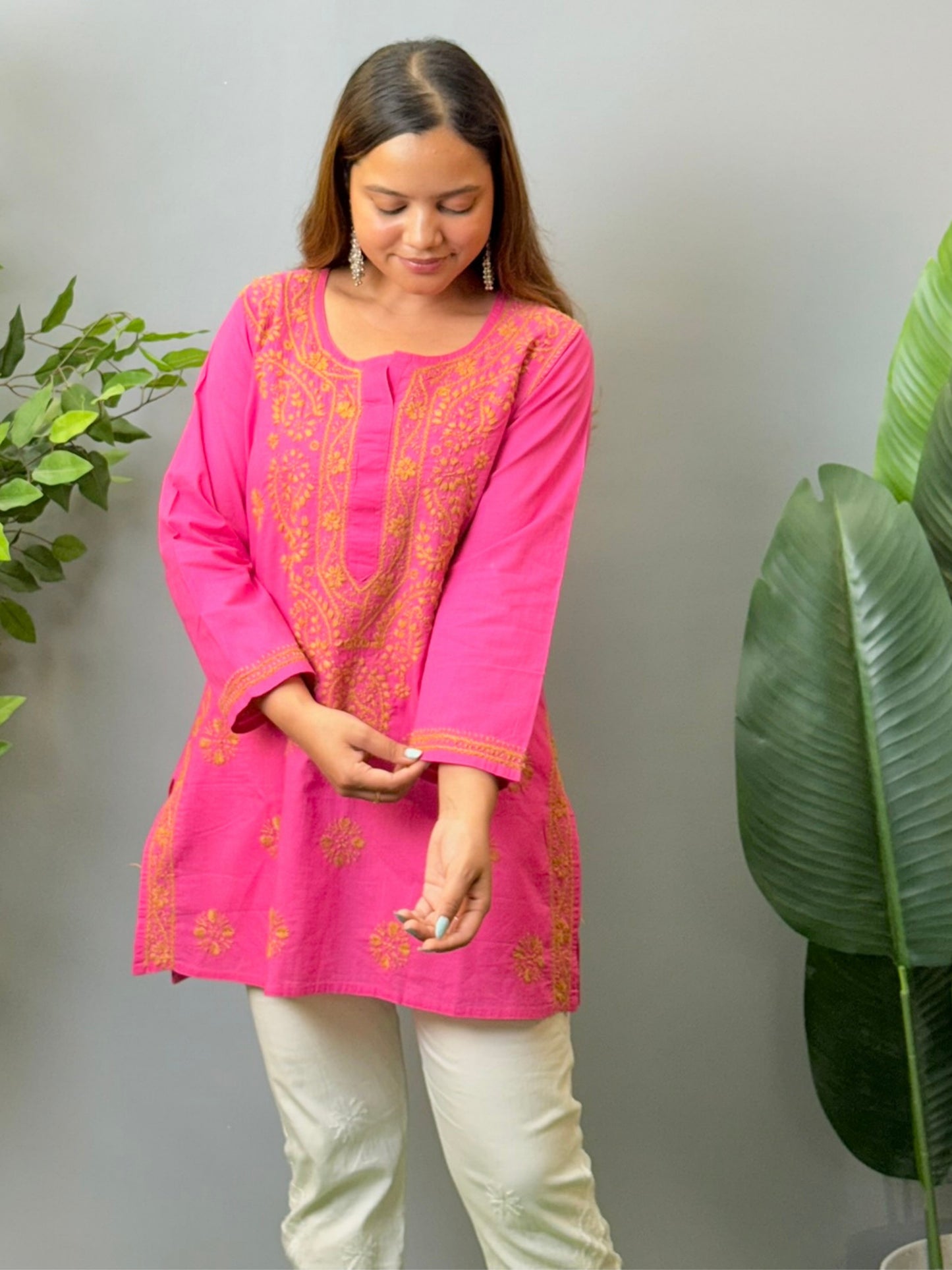Hot pink cotton short chikankari kurta with hand embroidery