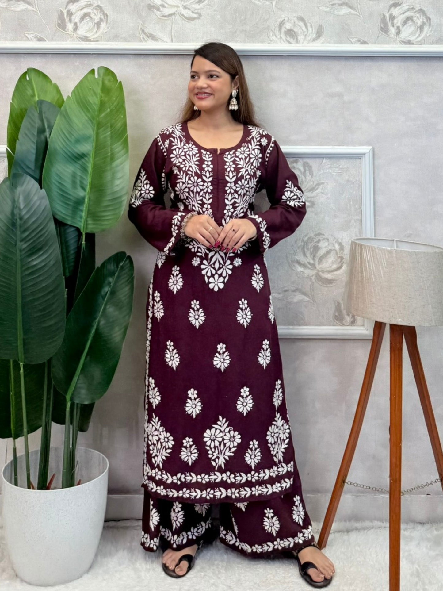 Wine modal chikankari kurta and palazzo set with white hand embroidery – soft and comfortable