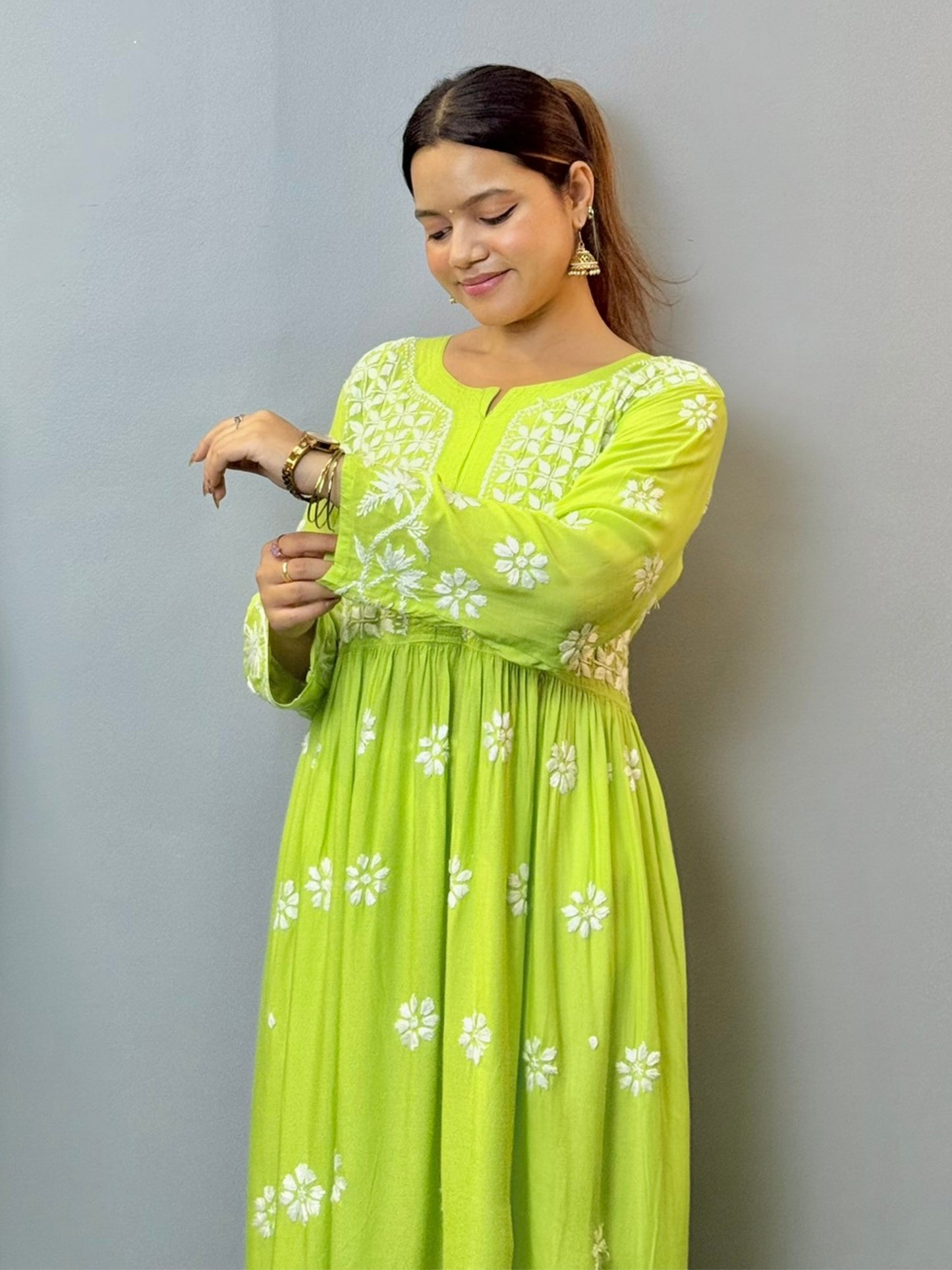 Lime green modal Lucknowi Chikankari long frock with white hand embroidery