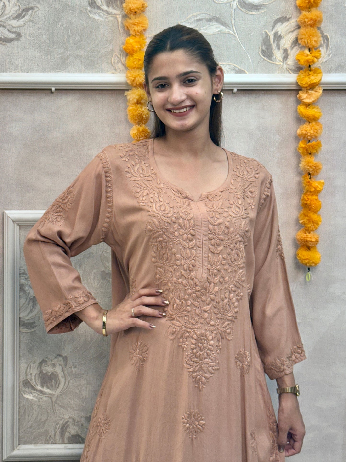 Beige rayon chikankari kurta with hand embroidery, premium quality