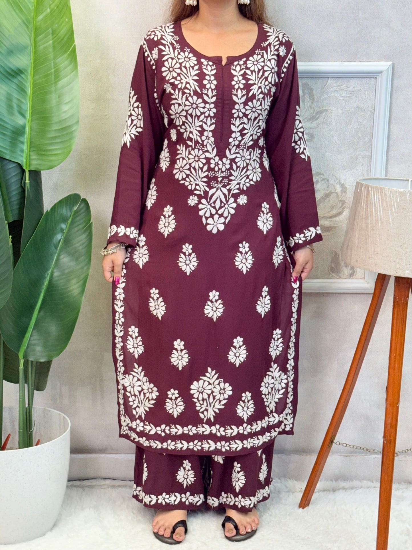 Wine modal chikankari kurta and palazzo set with white hand embroidery – soft and comfortable