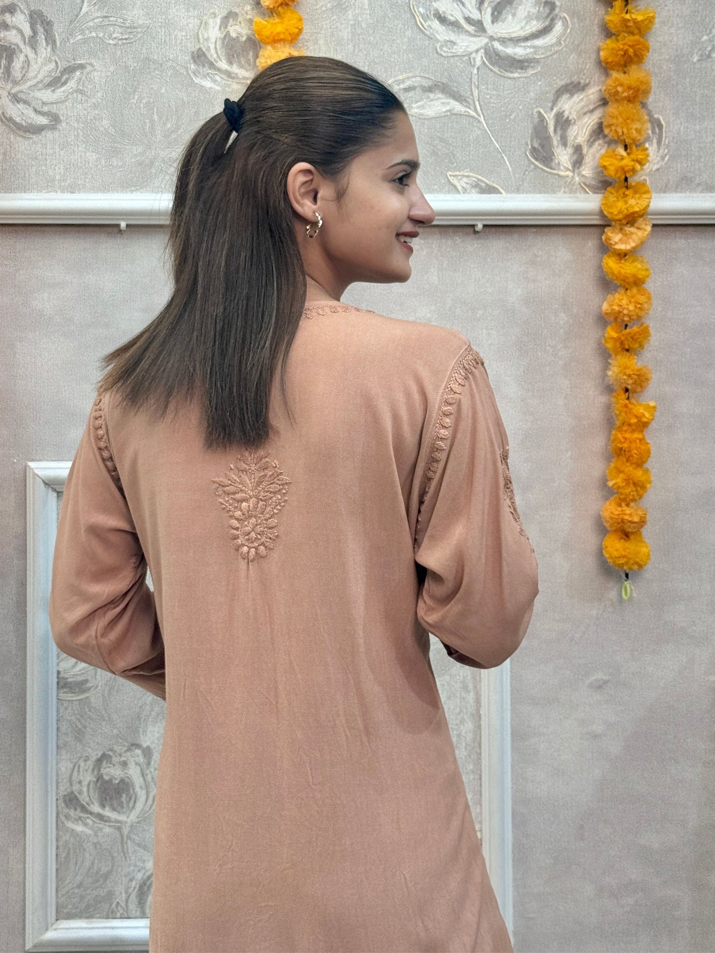 Beige rayon chikankari kurta with hand embroidery, premium quality