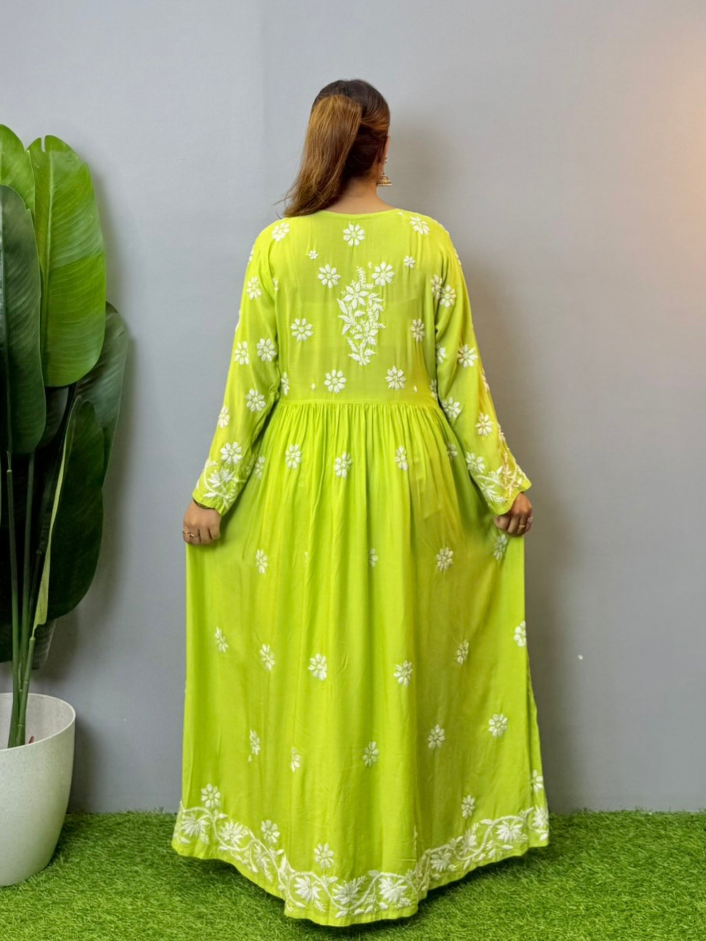 Lime green modal Lucknowi Chikankari long frock with white hand embroidery