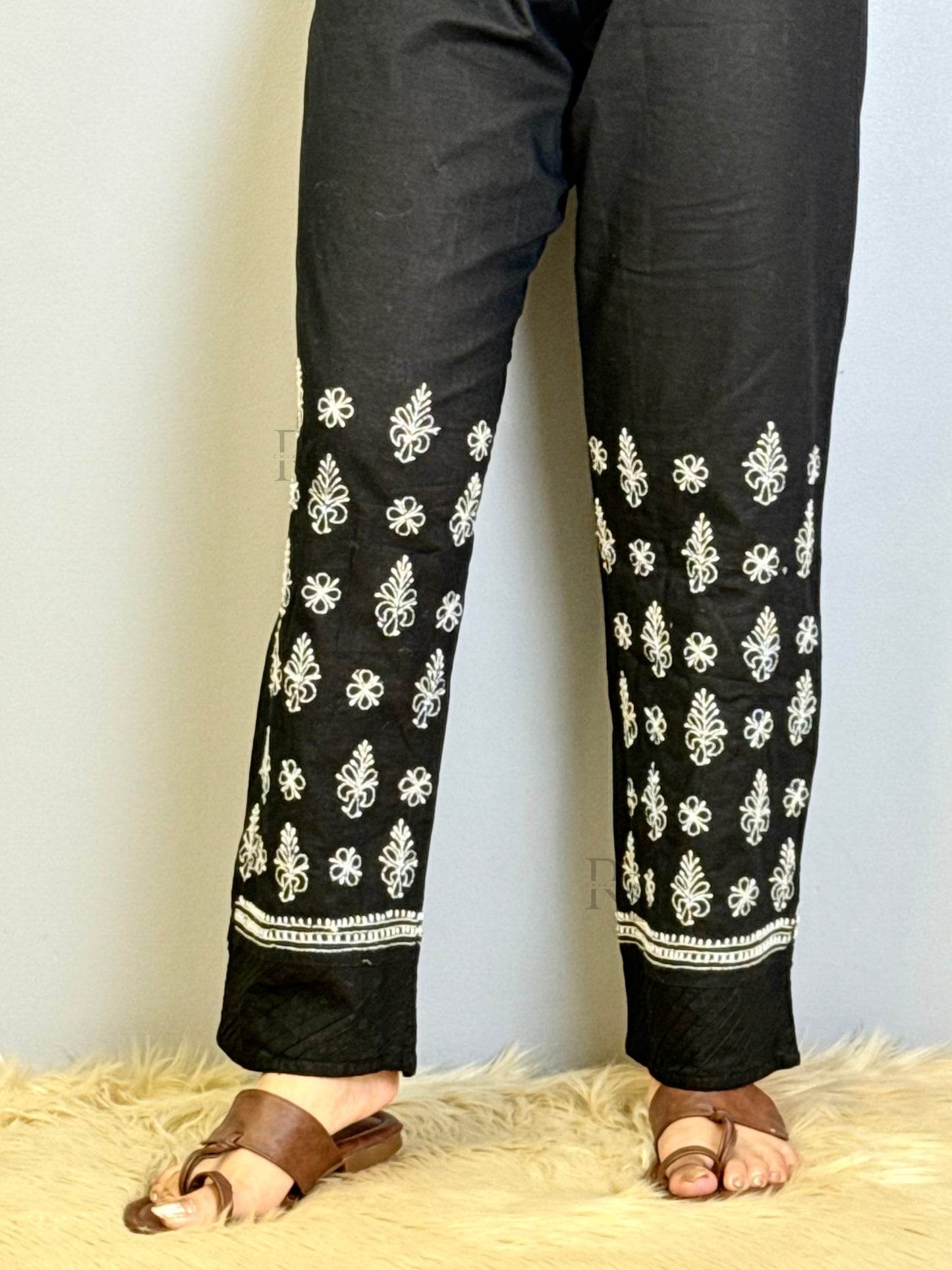 Black cotton Chikankari pant with hand embroidery in white thread – non-stretchable ethnic bottom