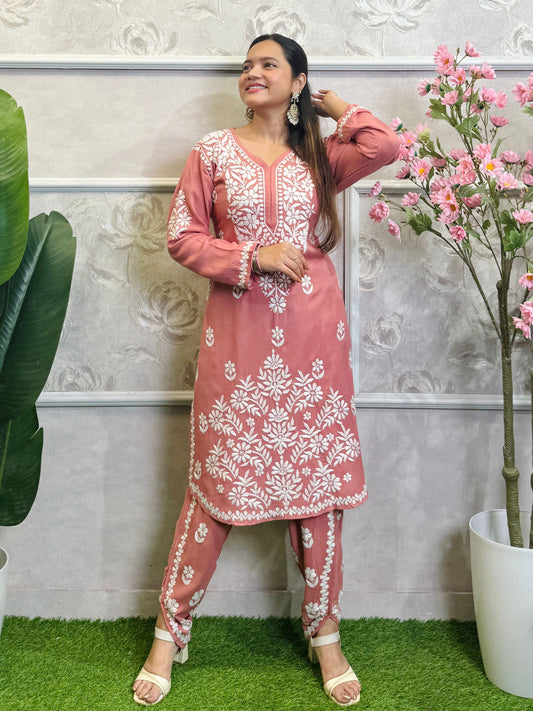Rose pink chikankari rayon kurta with dhoti pant set and hand embroidery