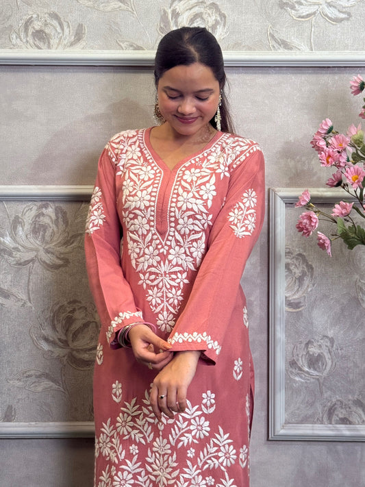 Rose pink chikankari rayon kurta with dhoti pant set and hand embroidery