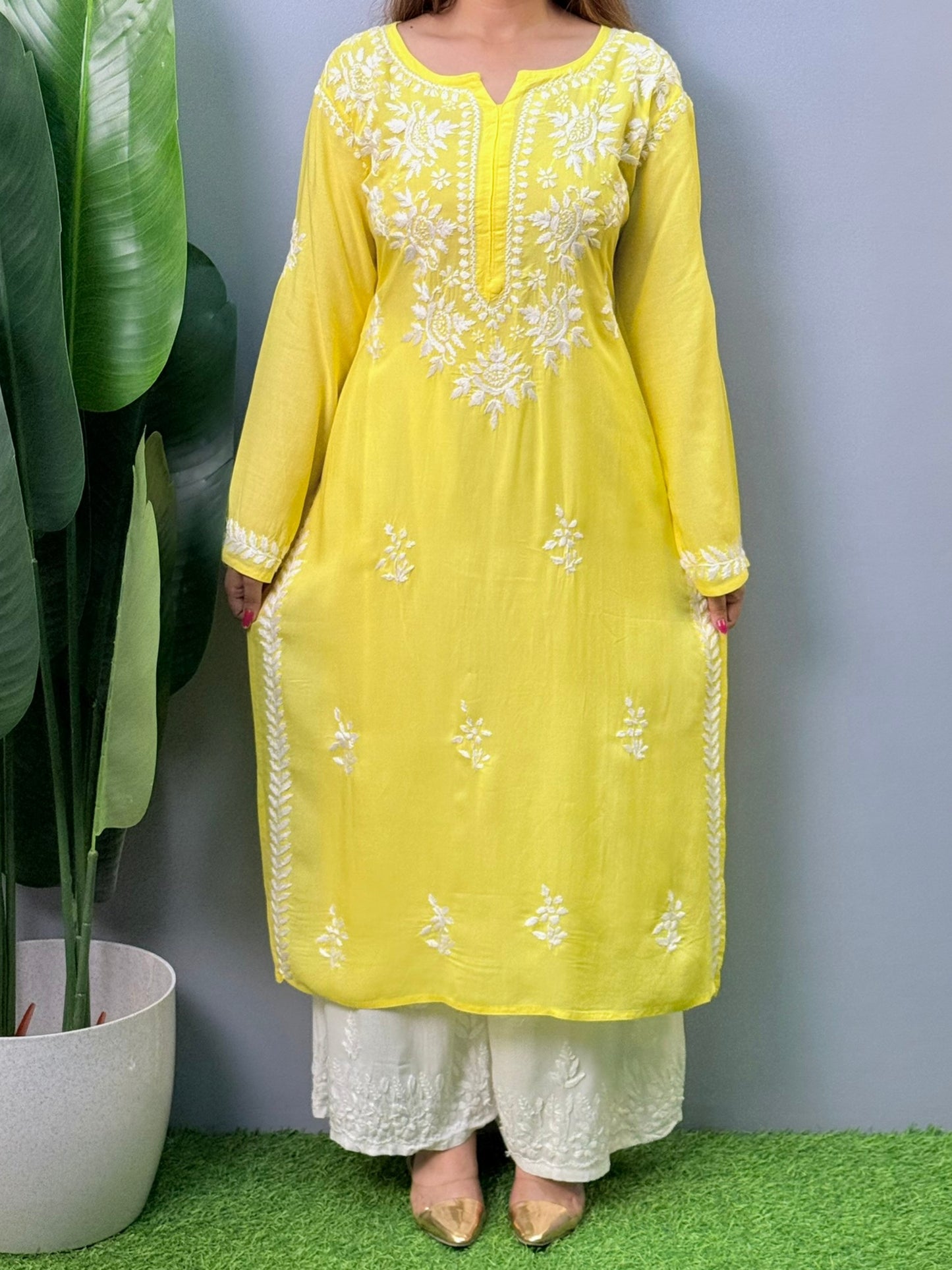 Yellow modal Lucknowi Chikankari kurta with hand embroidery – soft and elegant ethnic wear for women