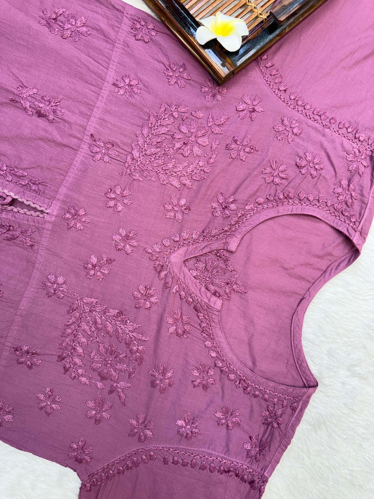 Mauve cotton chikankari long flair kurta with hand embroidery in premium quality