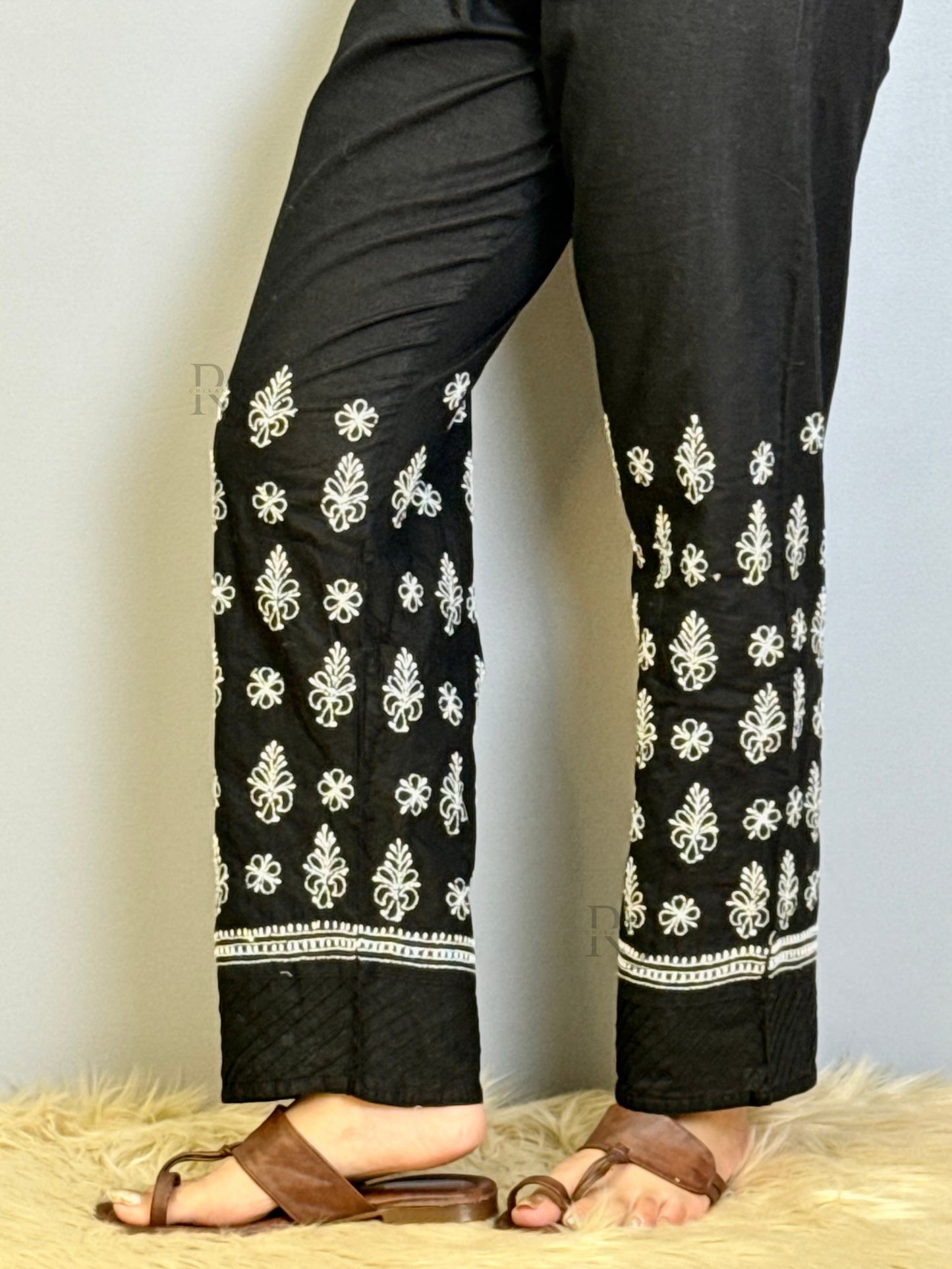Black cotton Chikankari pant with hand embroidery in white thread – non-stretchable ethnic bottom