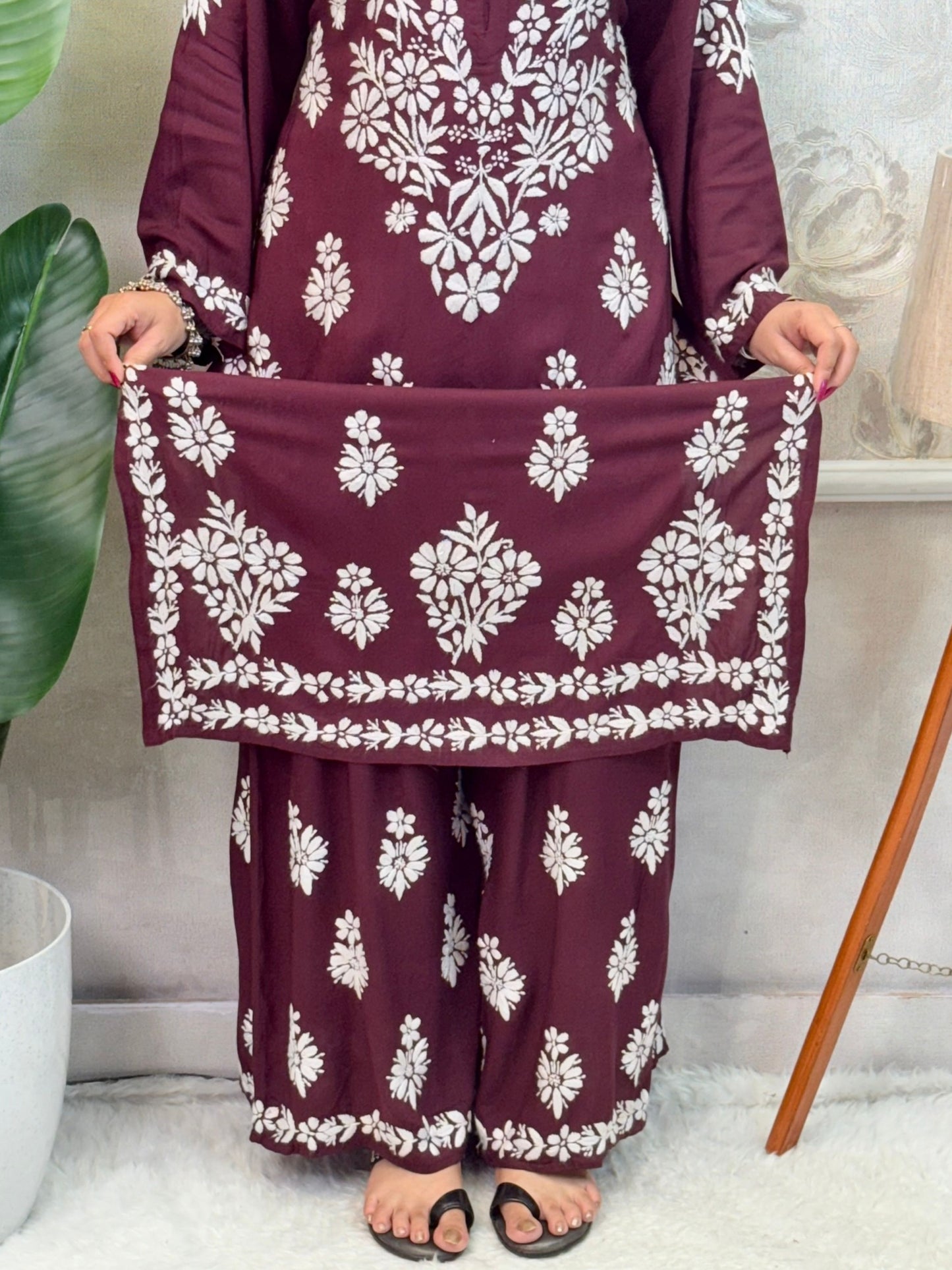 Wine modal chikankari kurta and palazzo set with white hand embroidery – soft and comfortable