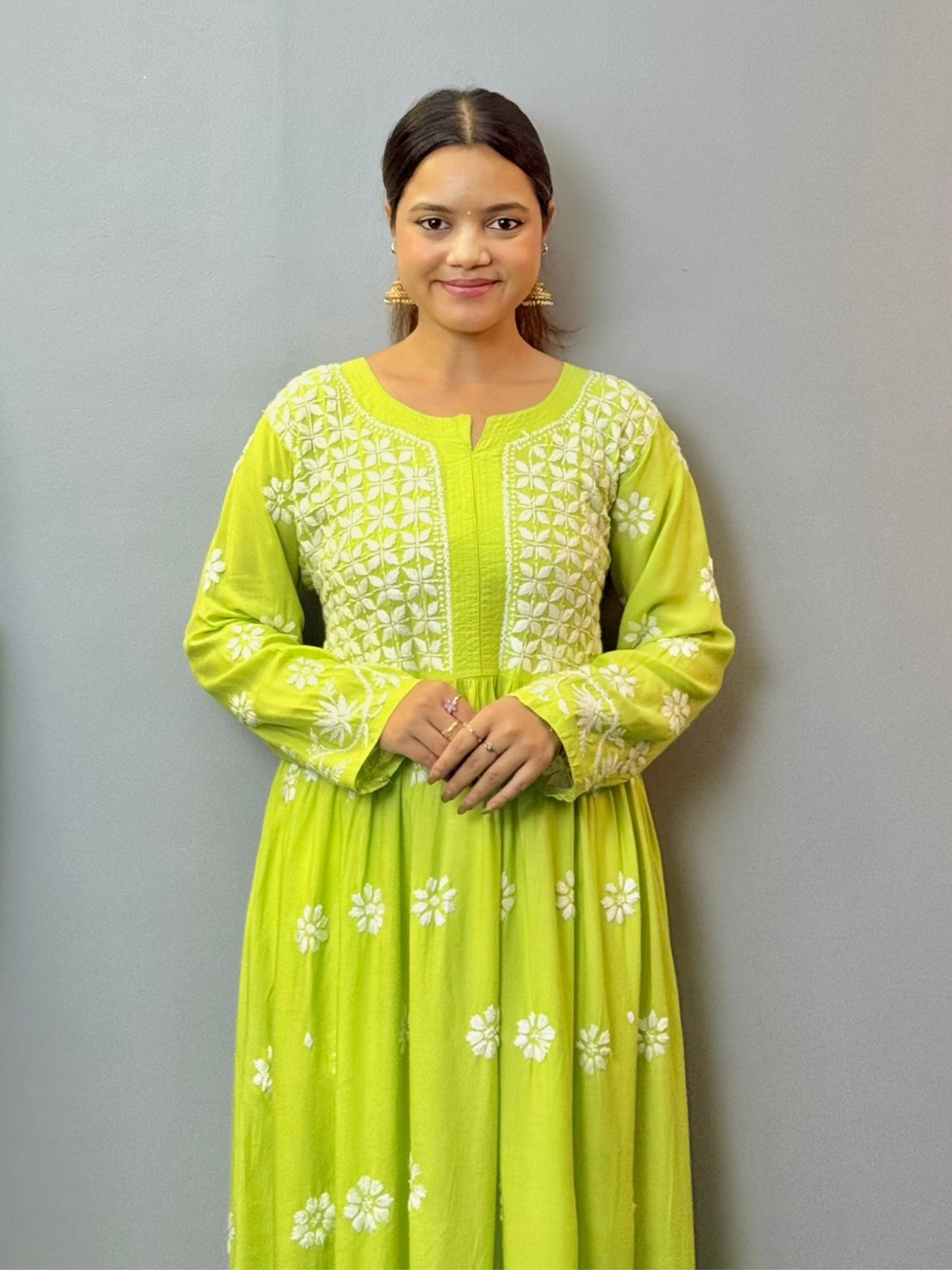 Lime green modal Lucknowi Chikankari long frock with white hand embroidery