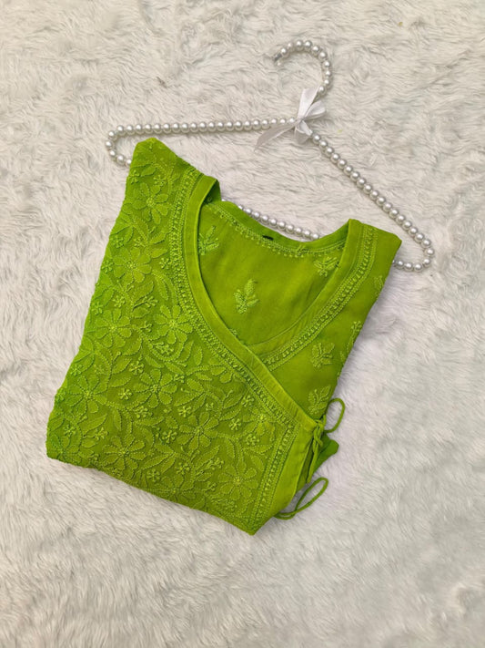 Green Lucknow Chikankari viscose short kurta with hand embroidery in Angrakha style