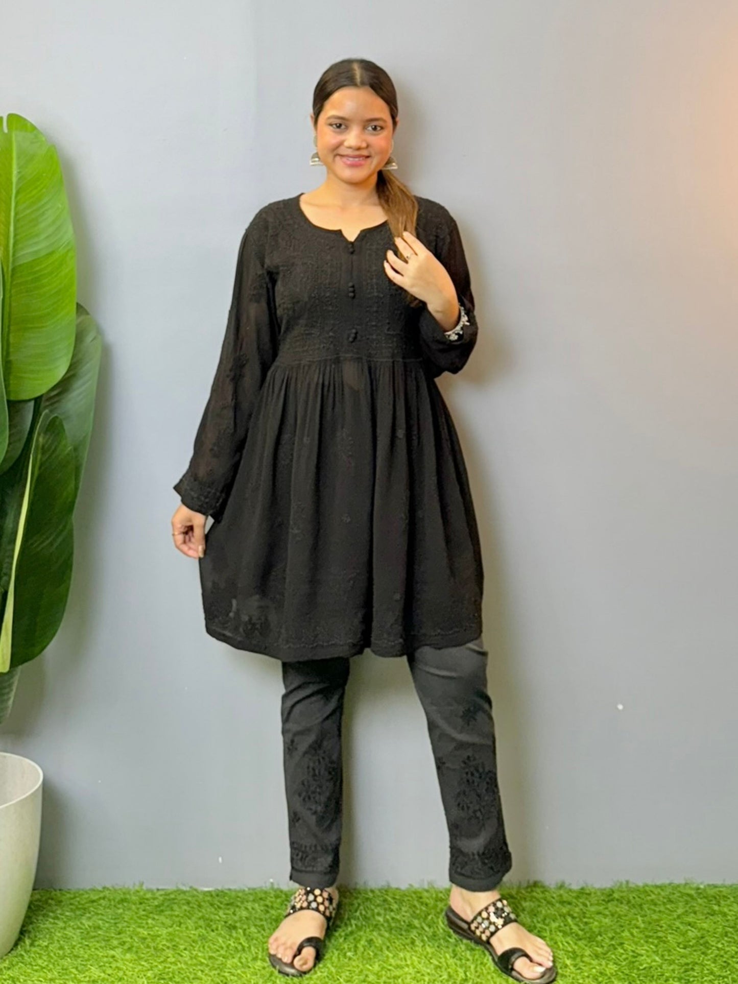 Elegant short black viscose chikankari kurta with full sleeves and subtle embroidery – perfect for daily wear