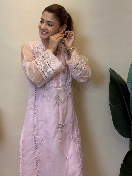 Premium Blush Pink Organza Kurta Set with Hand Embroidery and Printed Cotton Dupatta β Designer Wear