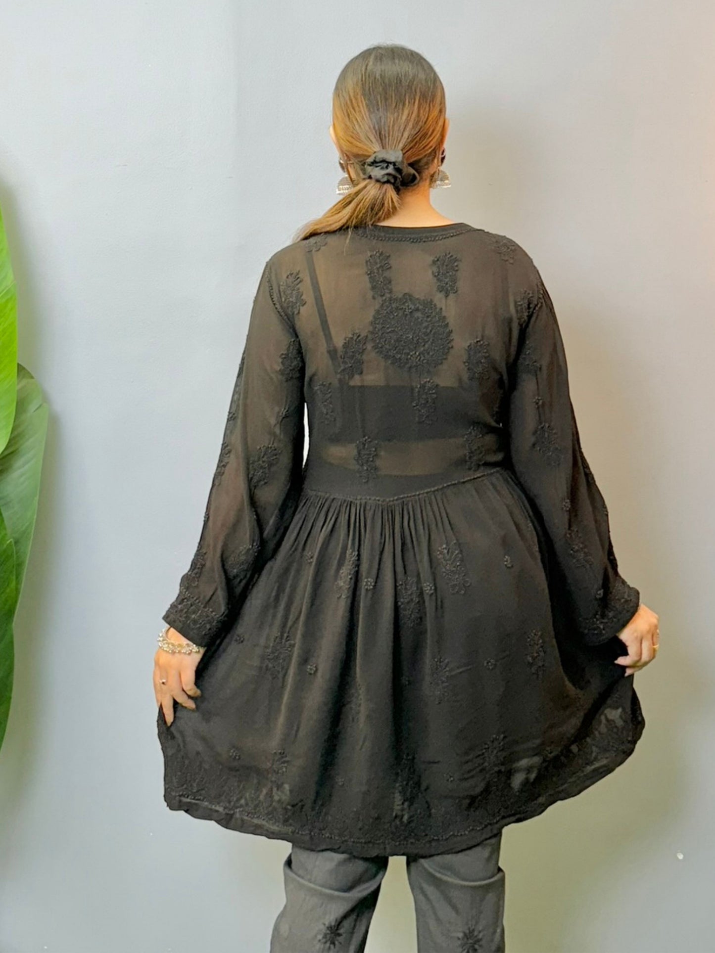 Elegant short black viscose chikankari kurta with full sleeves and subtle embroidery – perfect for daily wear