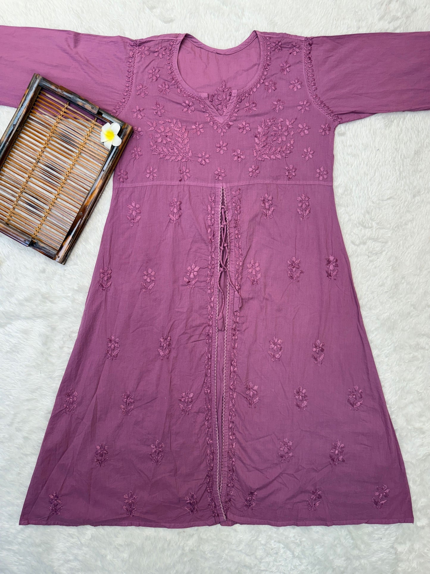 Mauve cotton chikankari long flair kurta with hand embroidery in premium quality
