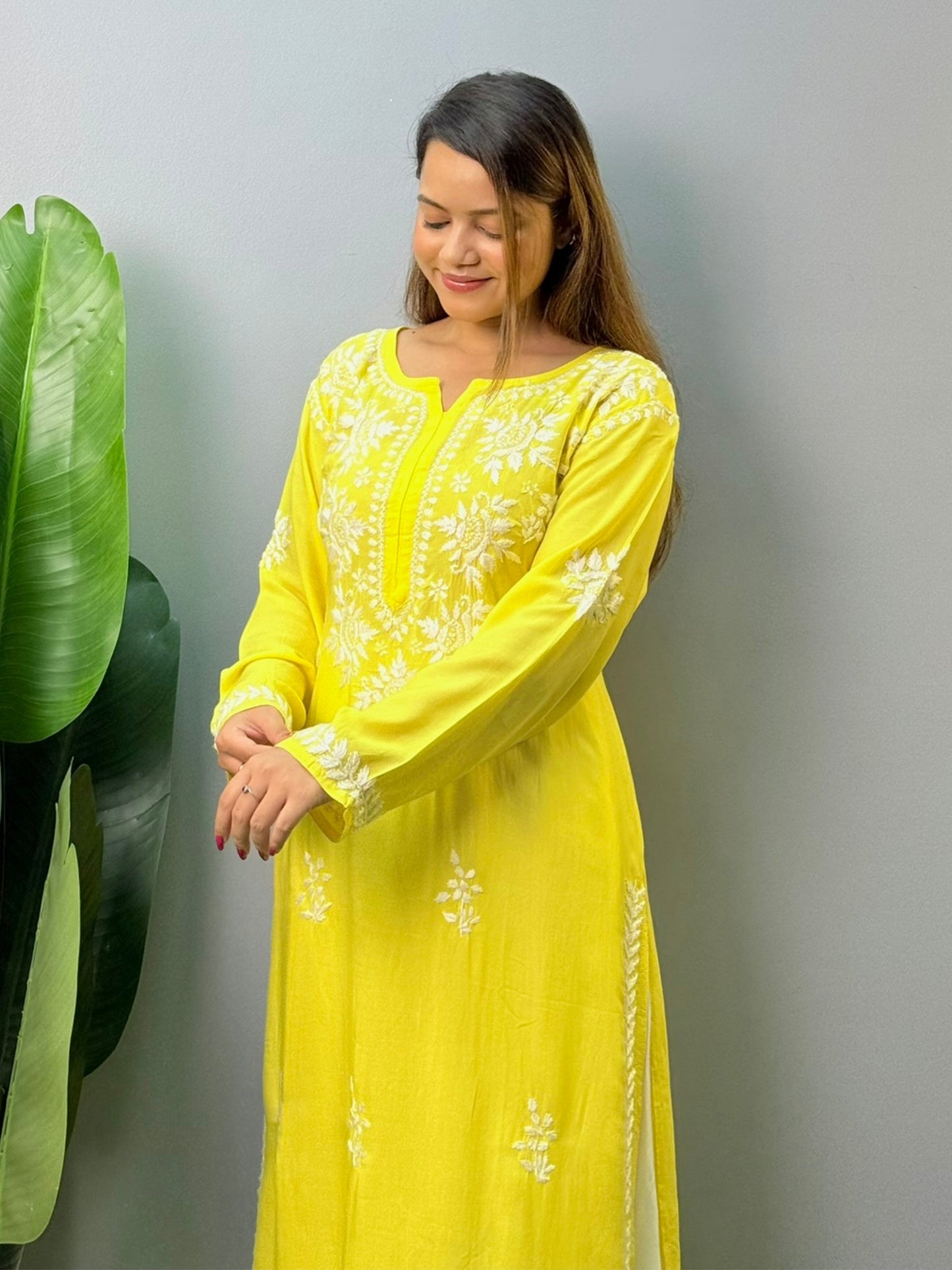 Yellow modal Lucknowi Chikankari kurta with hand embroidery – soft and elegant ethnic wear for women