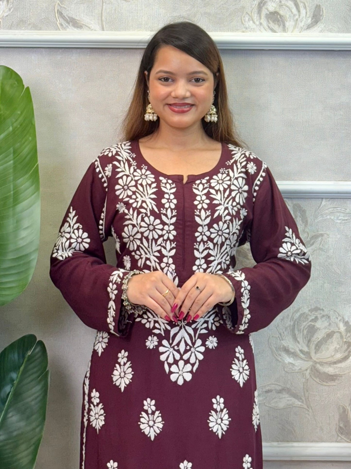 Wine modal chikankari kurta and palazzo set with white hand embroidery – soft and comfortable