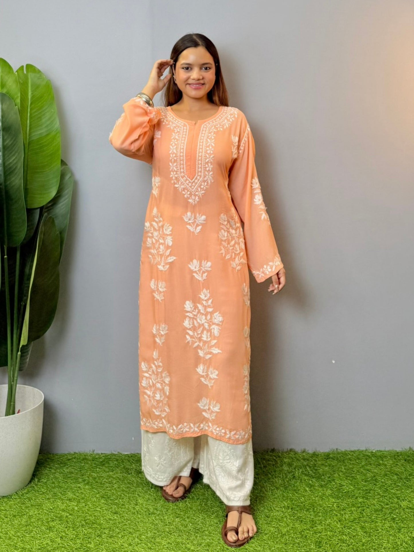 Peach modal Lucknowi Chikankari kurta with white hand embroidery