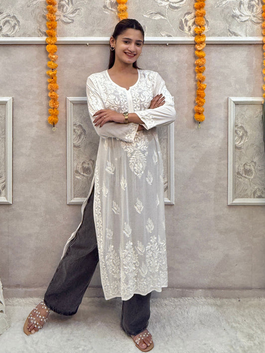 White dyable modal chikankari kurta with hand embroidery, premium quality