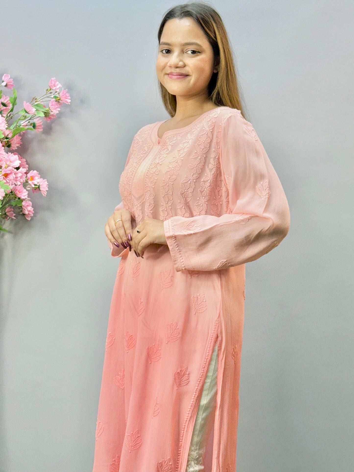 Peach viscose Lucknow Chikankari kurta with delicate hand embroidery, soft and premium fabric.